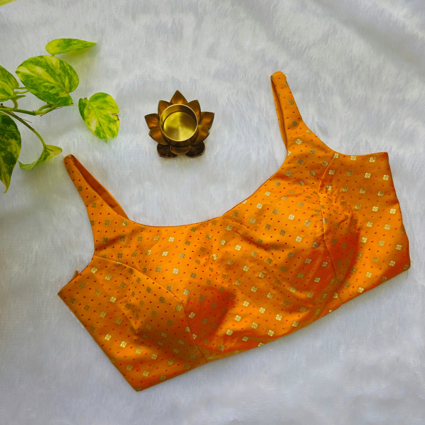 Orange Banarasi Bollywood Style Sleeveless Butta Blouse