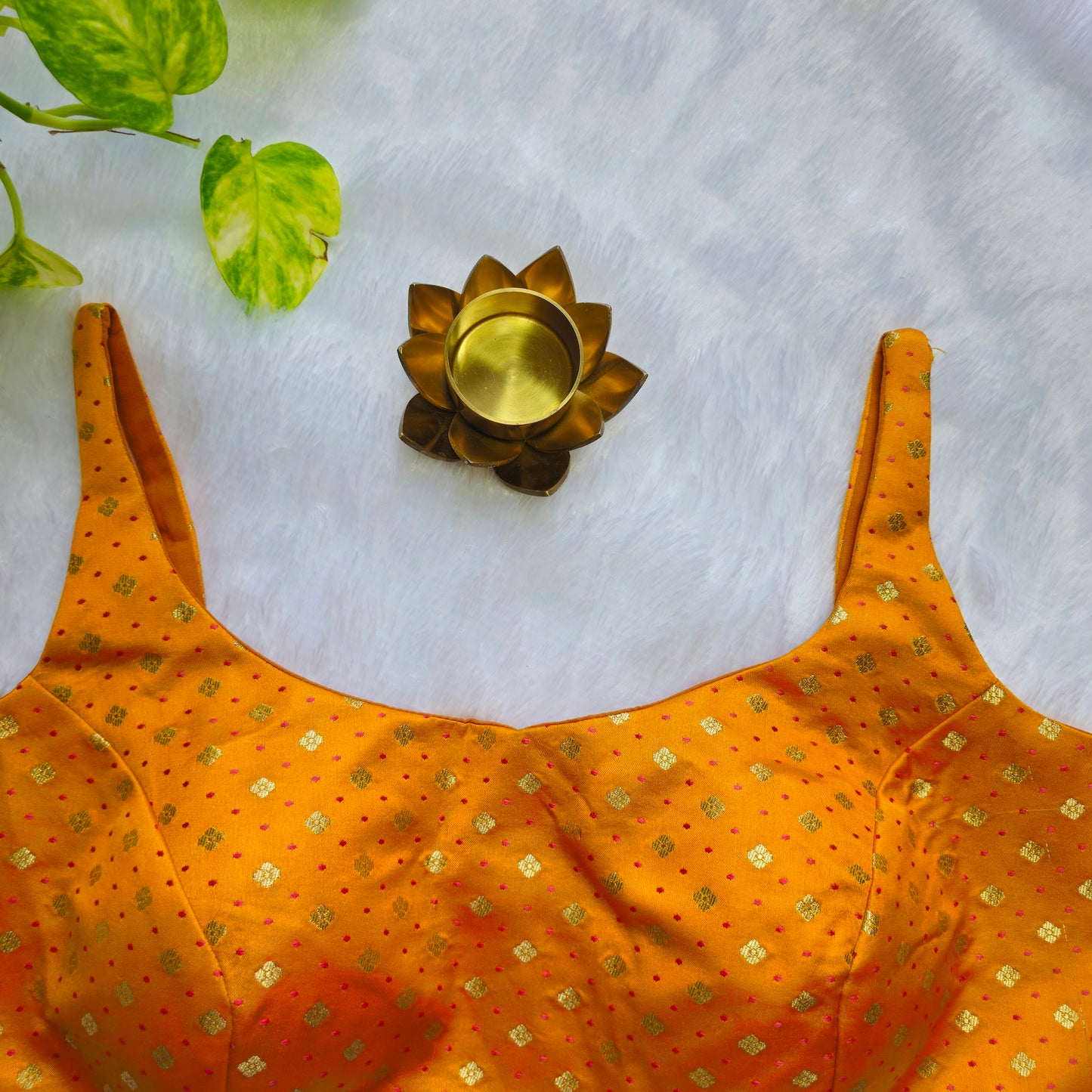 Orange Banarasi Bollywood Style Sleeveless Butta Blouse