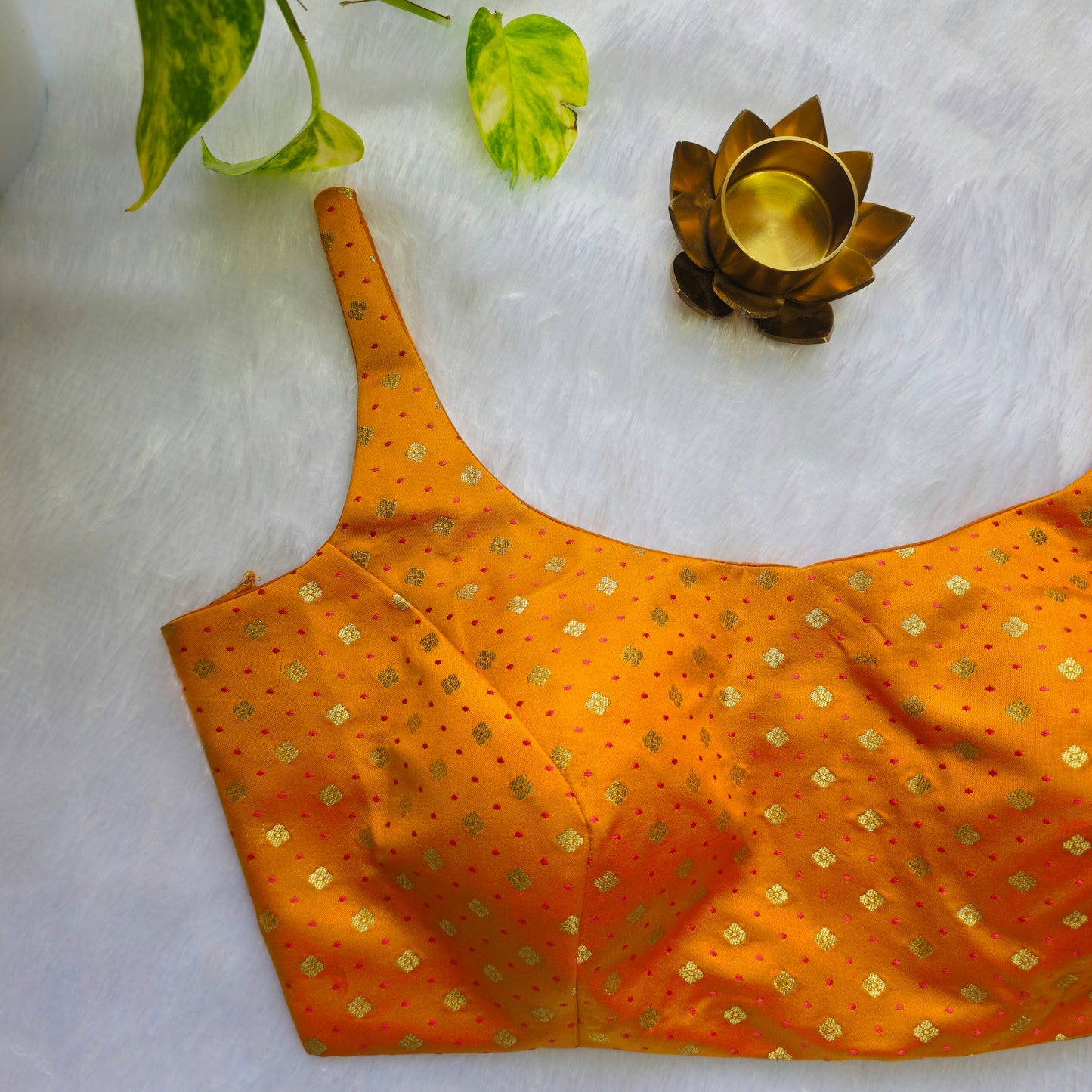 Orange Banarasi Bollywood Style Sleeveless Butta Blouse