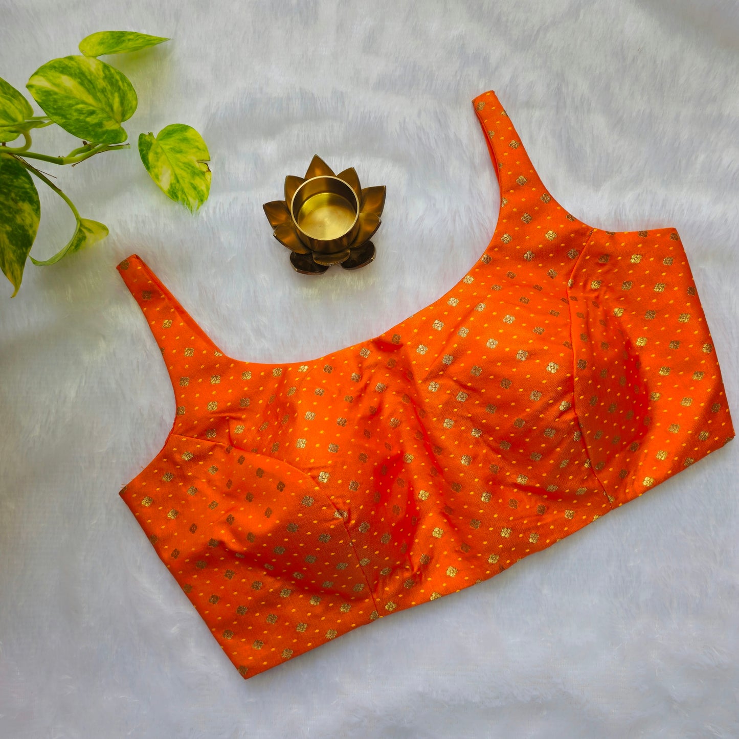 Bright Orange Banarasi Bollywood Style Sleeveless Butta Blouse