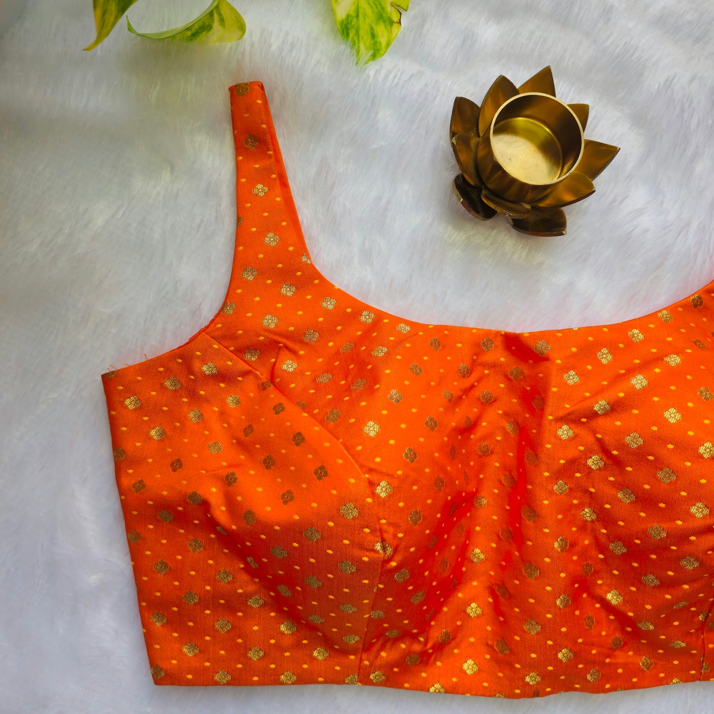 Bright Orange Banarasi Bollywood Style Sleeveless Butta Blouse