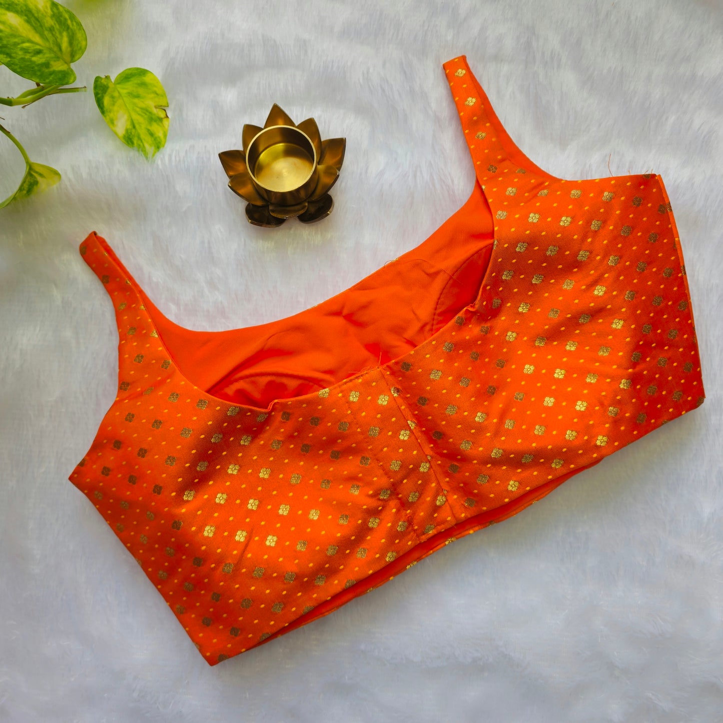 Bright Orange Banarasi Bollywood Style Sleeveless Butta Blouse