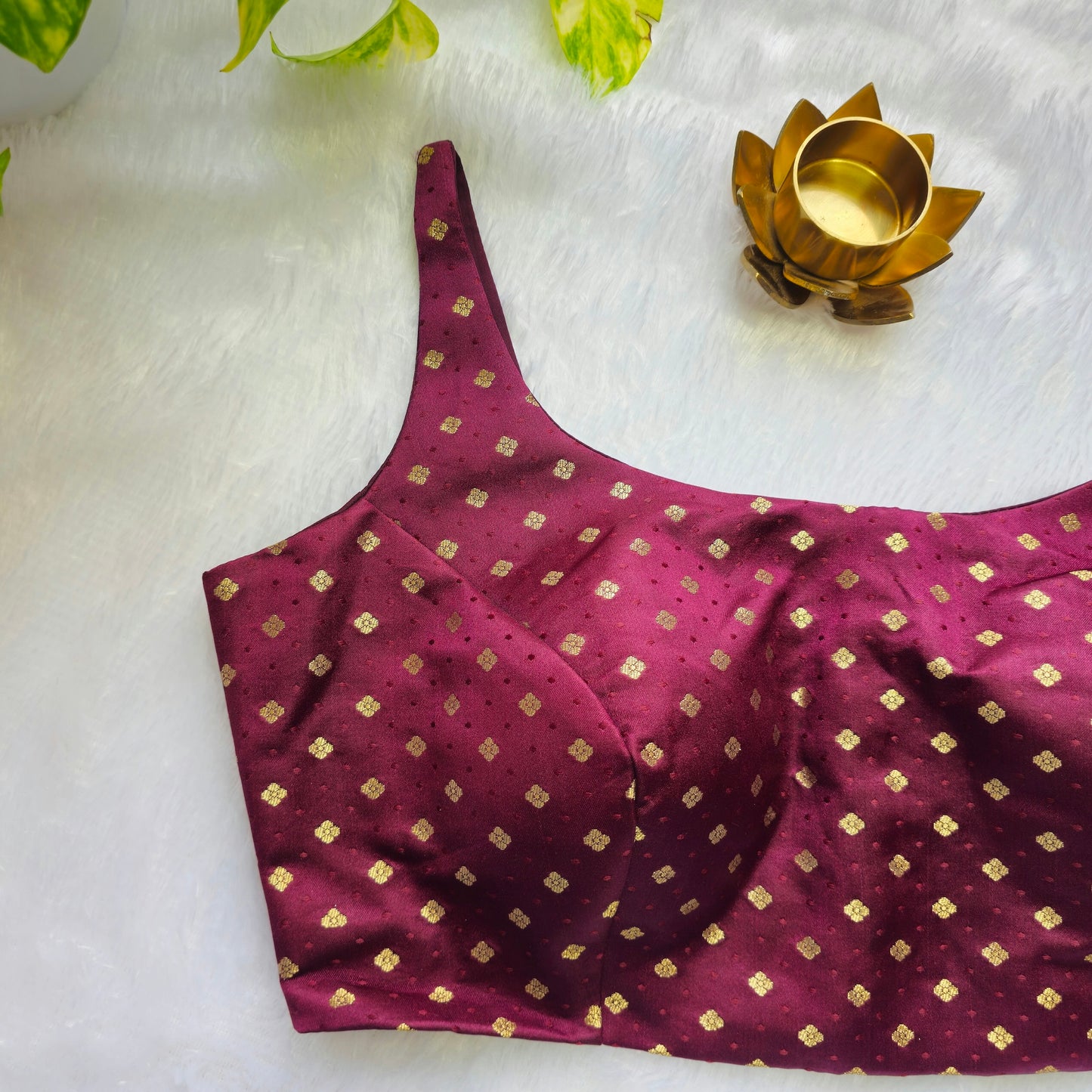 Wine Banarasi Bollywood Style Sleeveless Butta Blouse