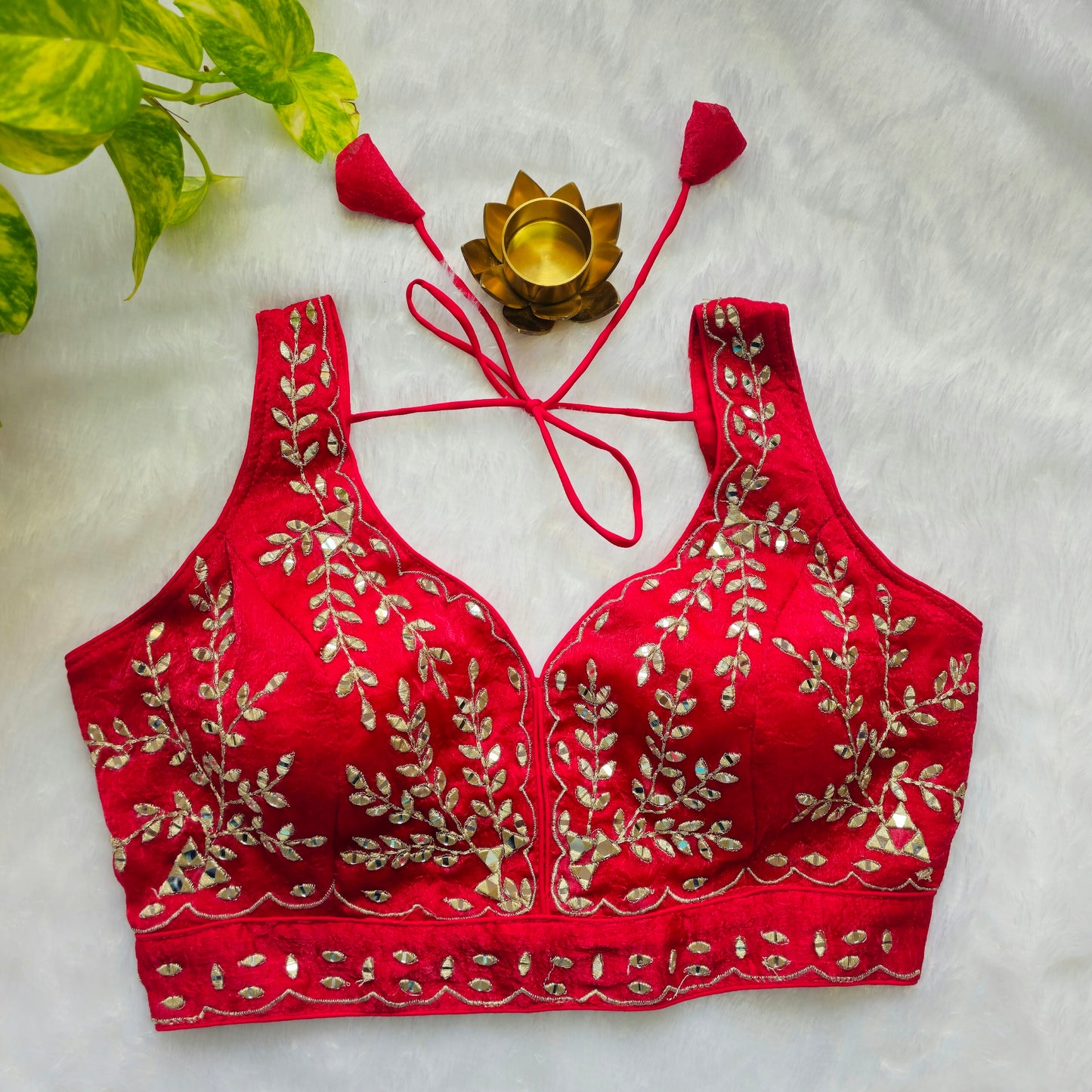 Reddish Pink Sleeveless Mirror Embroidery Blouse
