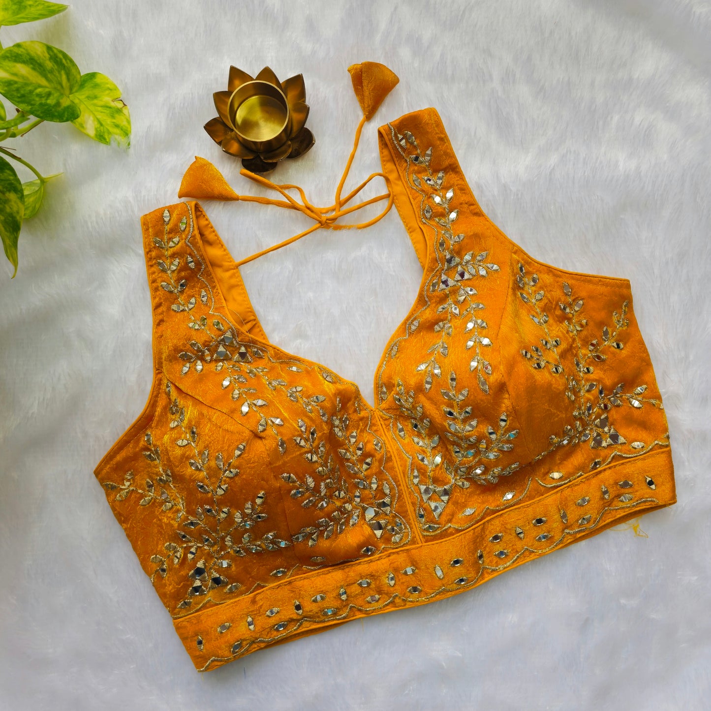 Yellow Sleeveless Mirror Embroidery Blouse