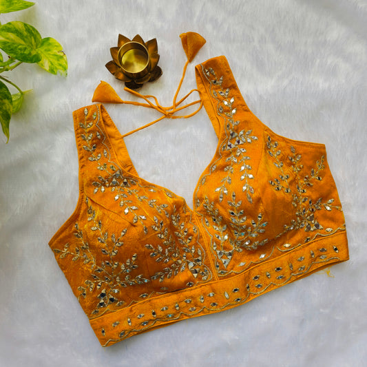 Yellow Sleeveless Mirror Embroidery Blouse