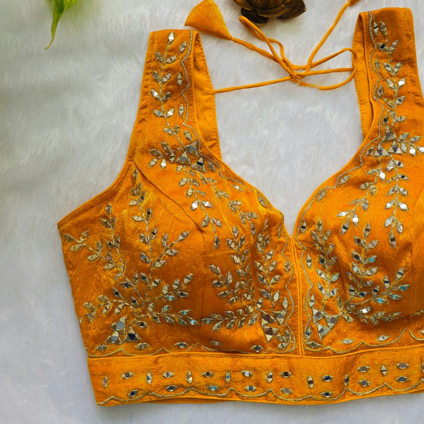 Yellow Sleeveless Mirror Embroidery Blouse