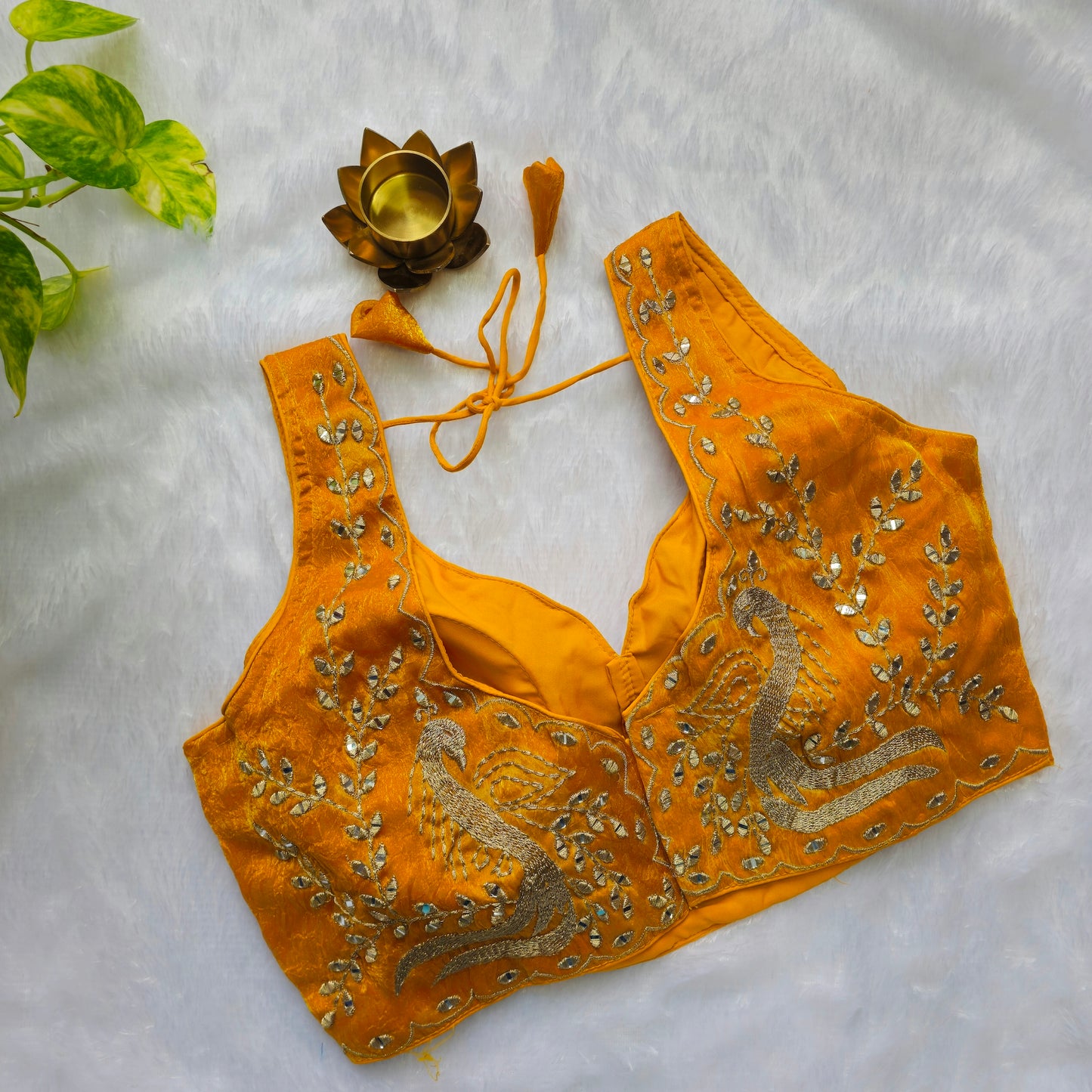 Yellow Sleeveless Mirror Embroidery Blouse