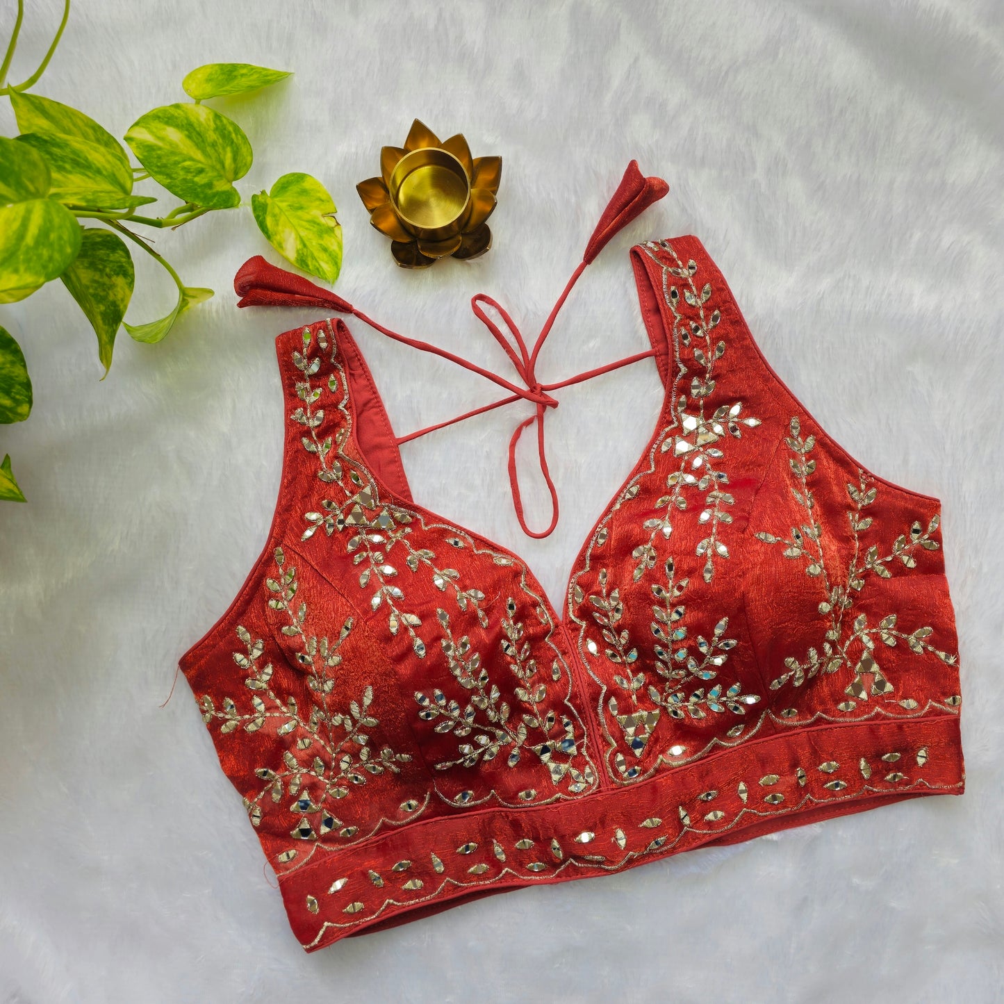 Orange Sleeveless Mirror Embroidery Blouse