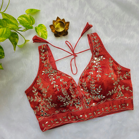 Orange Sleeveless Mirror Embroidery Blouse