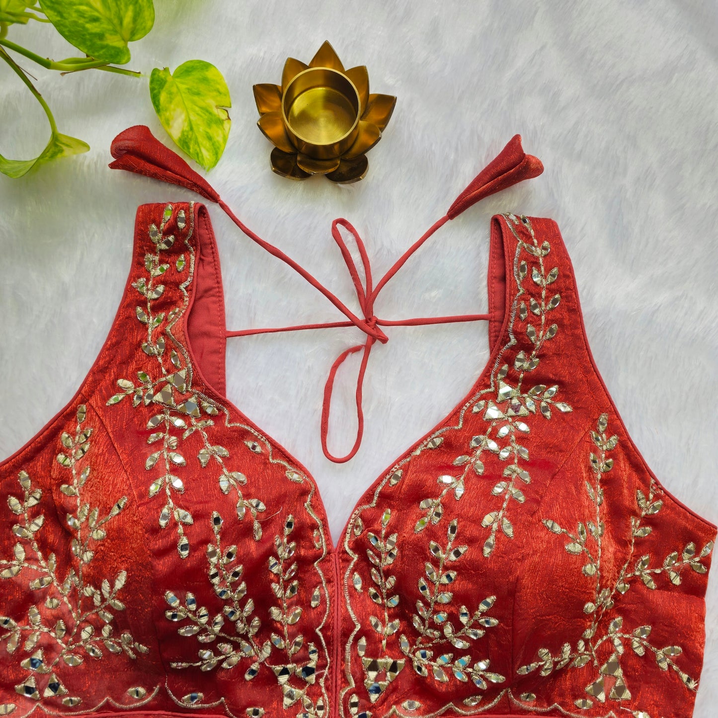 Orange Sleeveless Mirror Embroidery Blouse