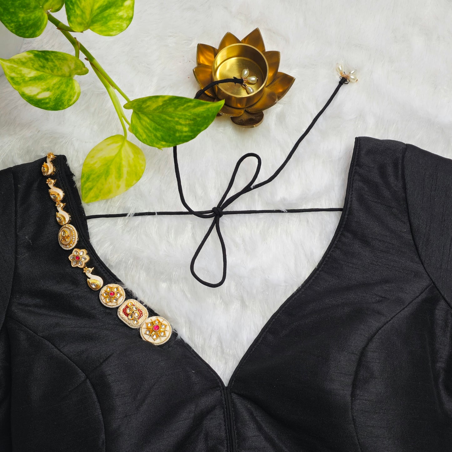 Black Raw Silk Pearl Jewellery blouse