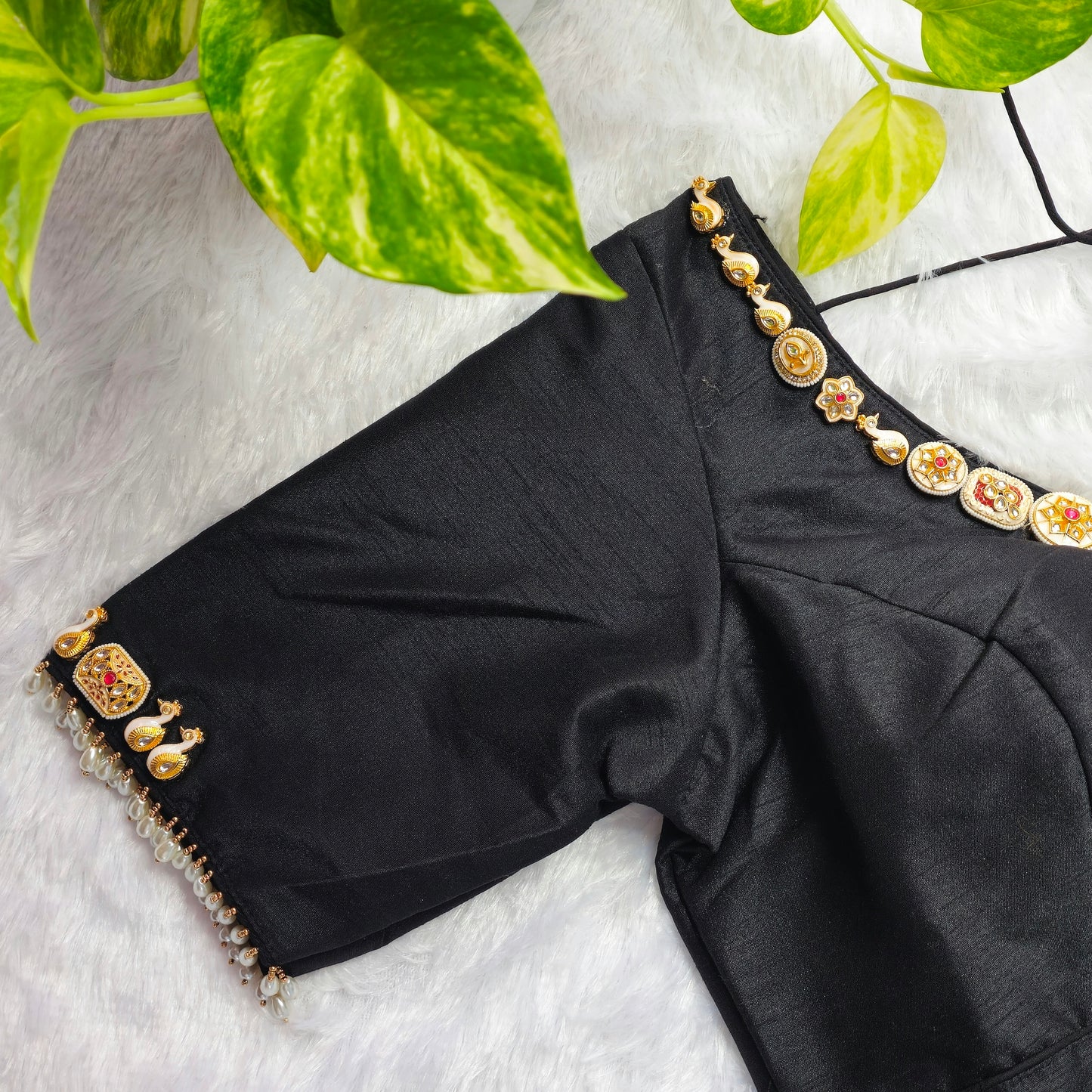 Black Raw Silk Pearl Jewellery blouse