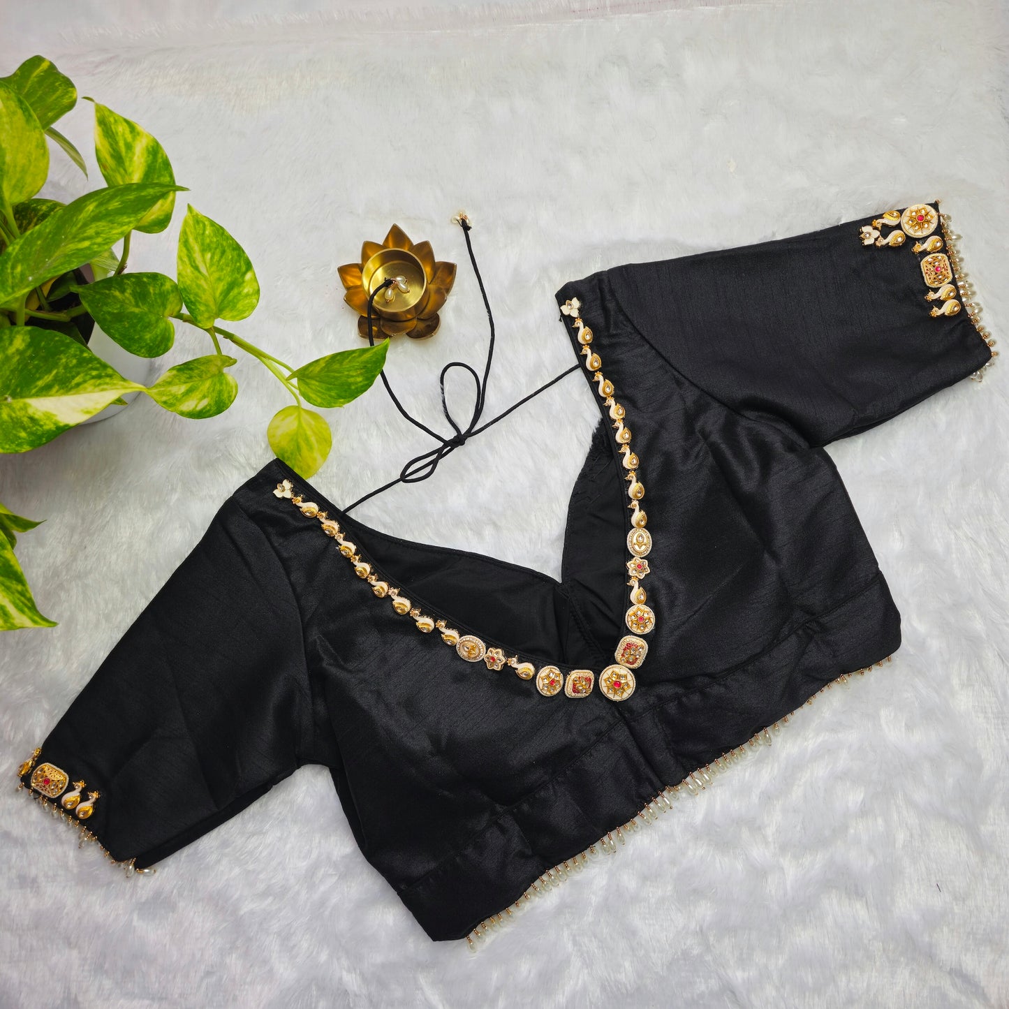 Black Raw Silk Pearl Jewellery blouse