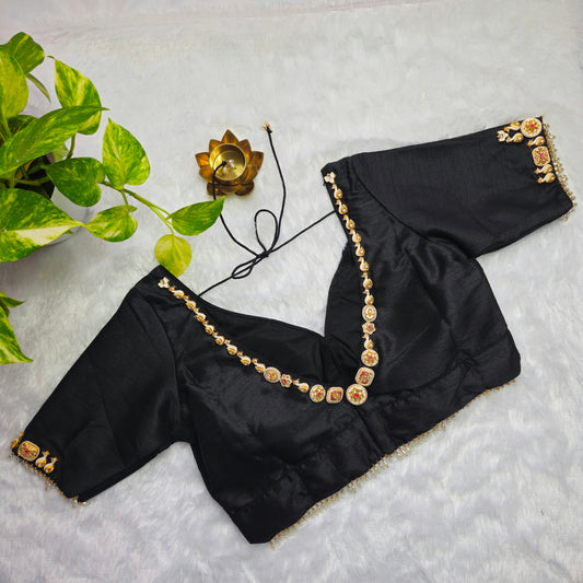 Black Raw Silk Pearl Jewellery blouse