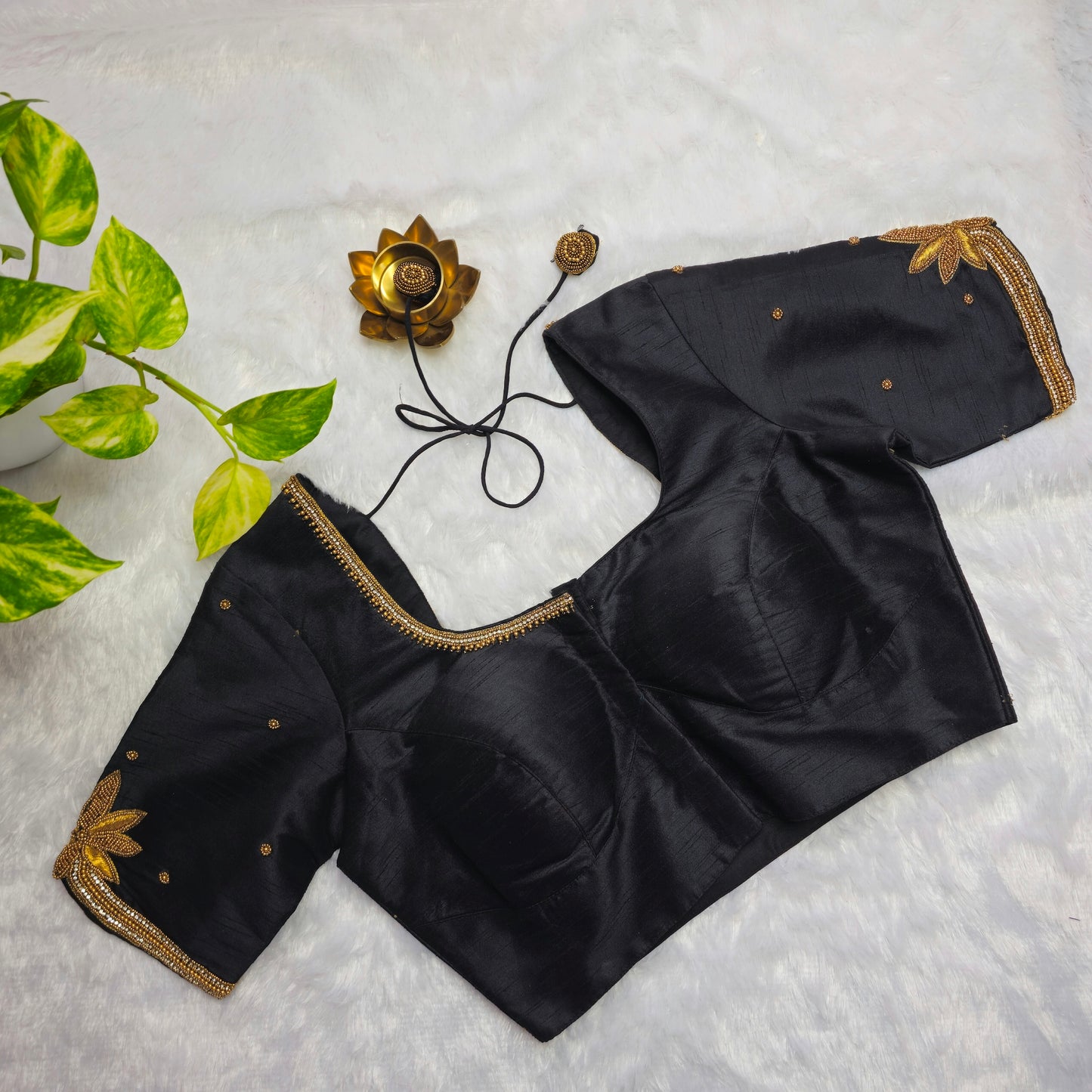 Black Raw Silk Arm Cuff Handwork Blouse