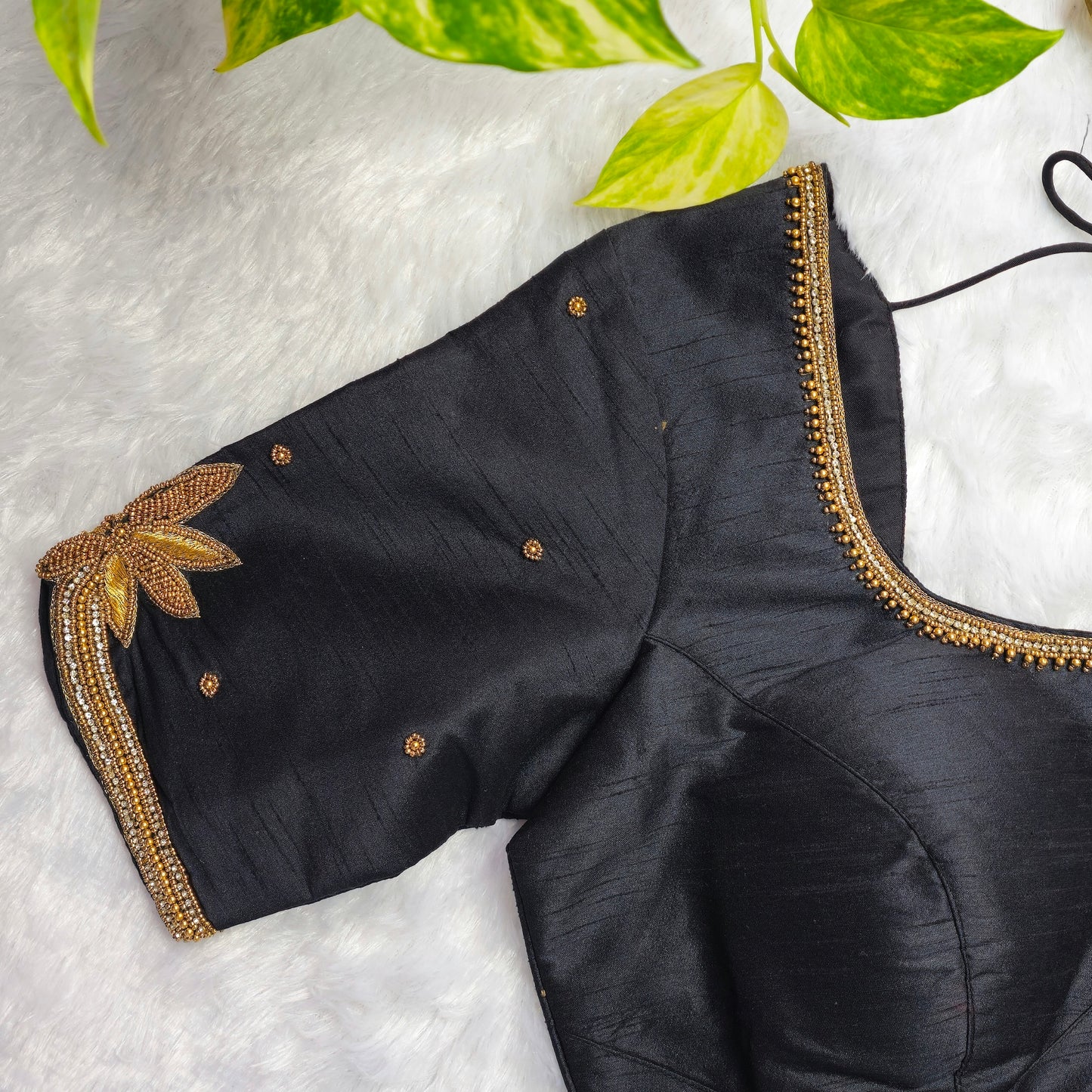 Black Raw Silk Arm Cuff Handwork Blouse