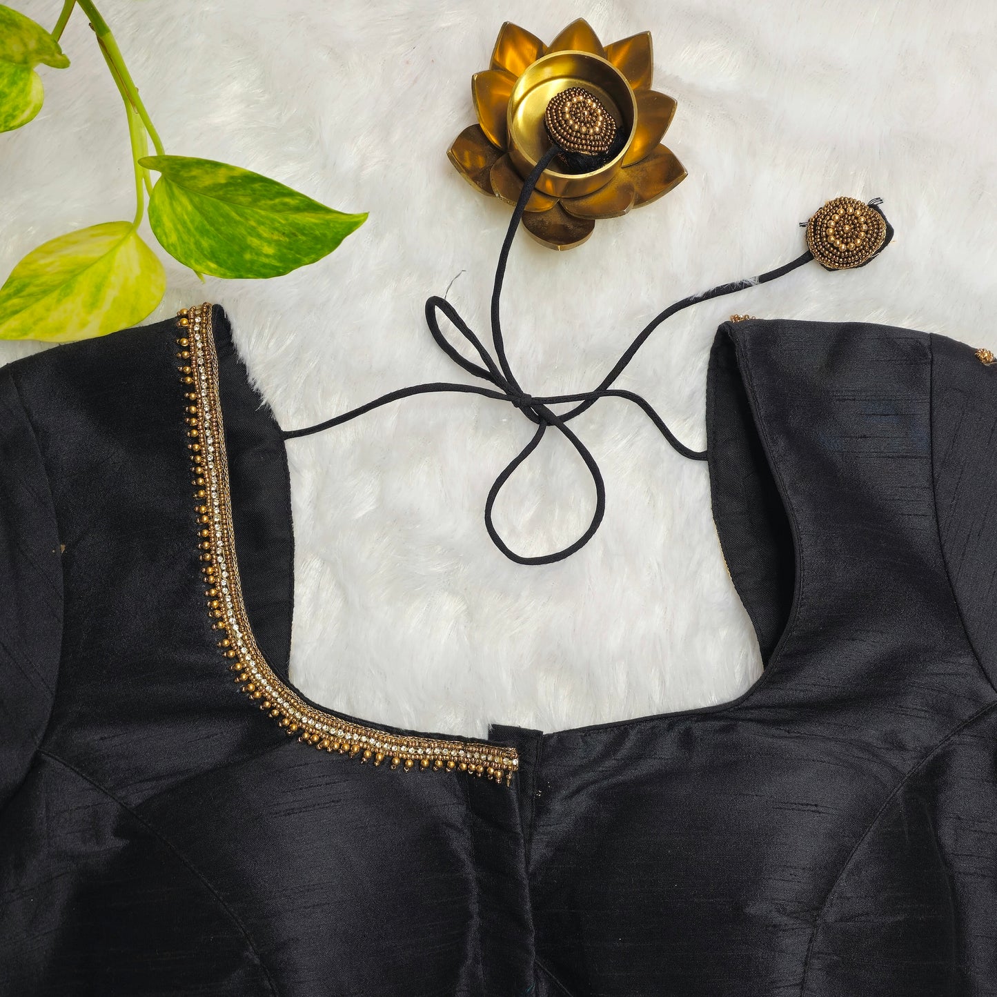 Black Raw Silk Arm Cuff Handwork Blouse