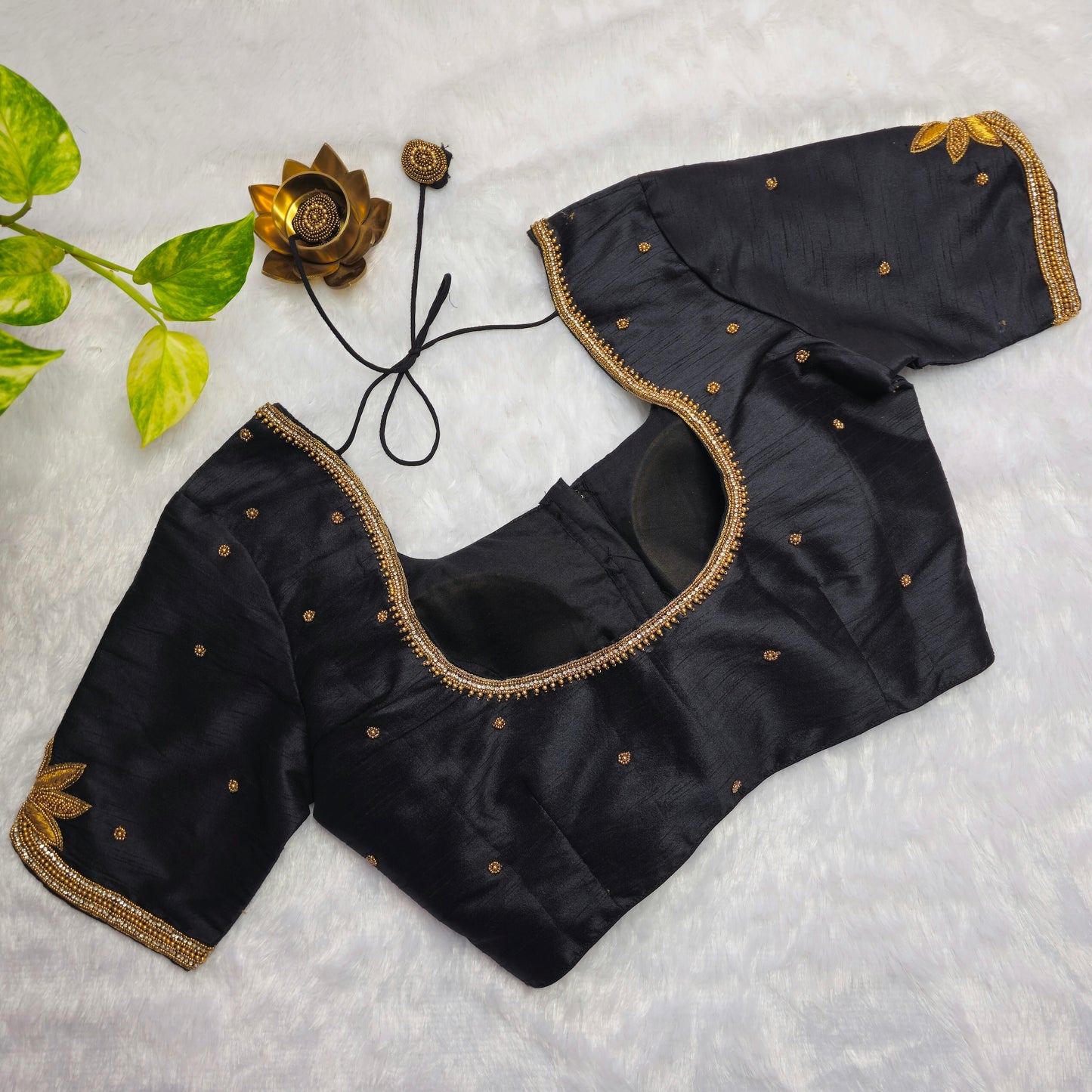 Black Raw Silk Arm Cuff Handwork Blouse