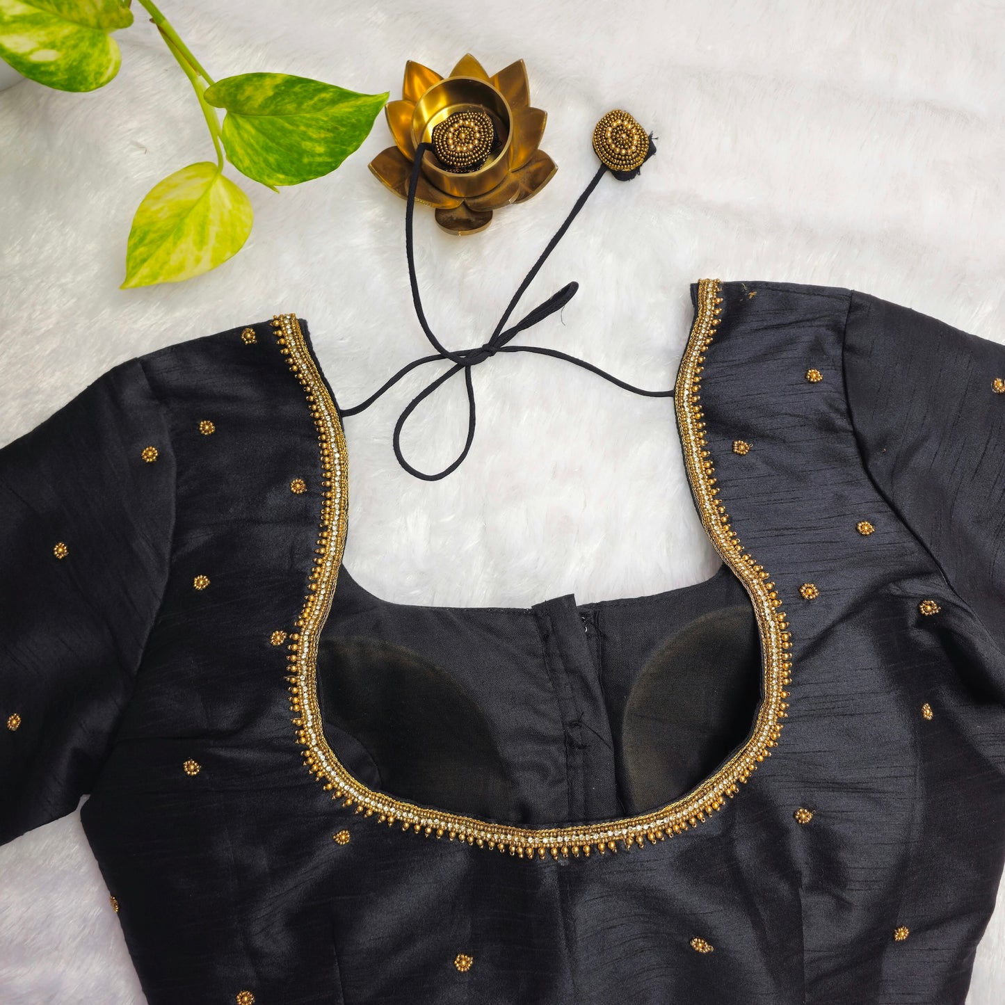 Black Raw Silk Arm Cuff Handwork Blouse