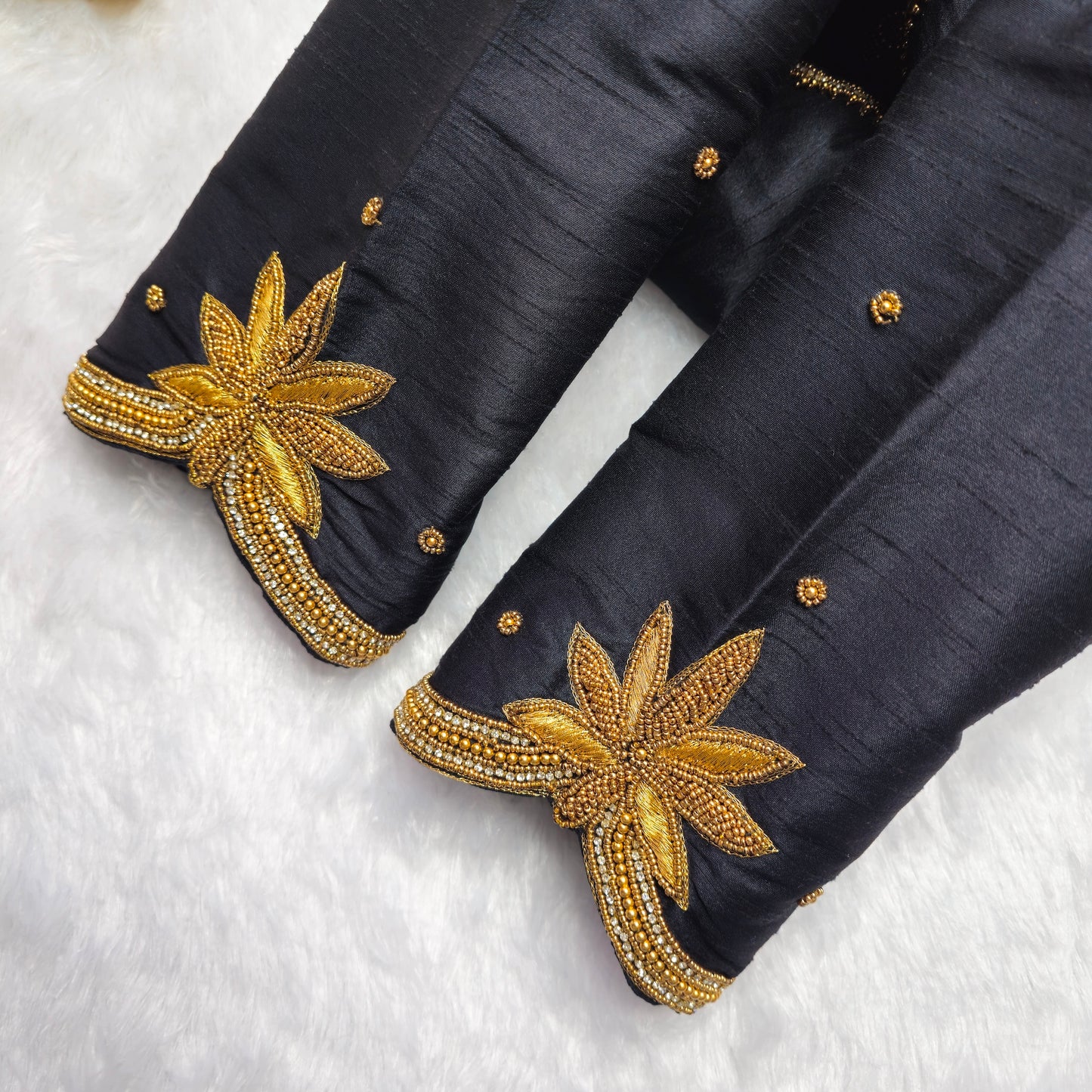Black Raw Silk Arm Cuff Handwork Blouse