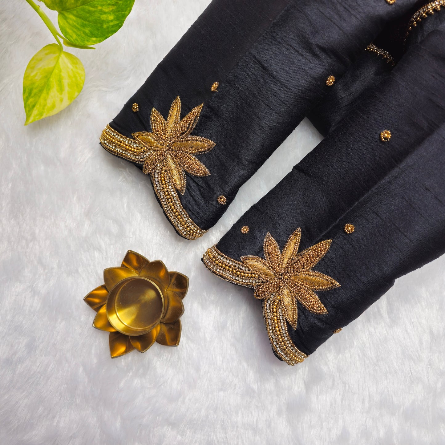 Black Raw Silk Arm Cuff Handwork Blouse