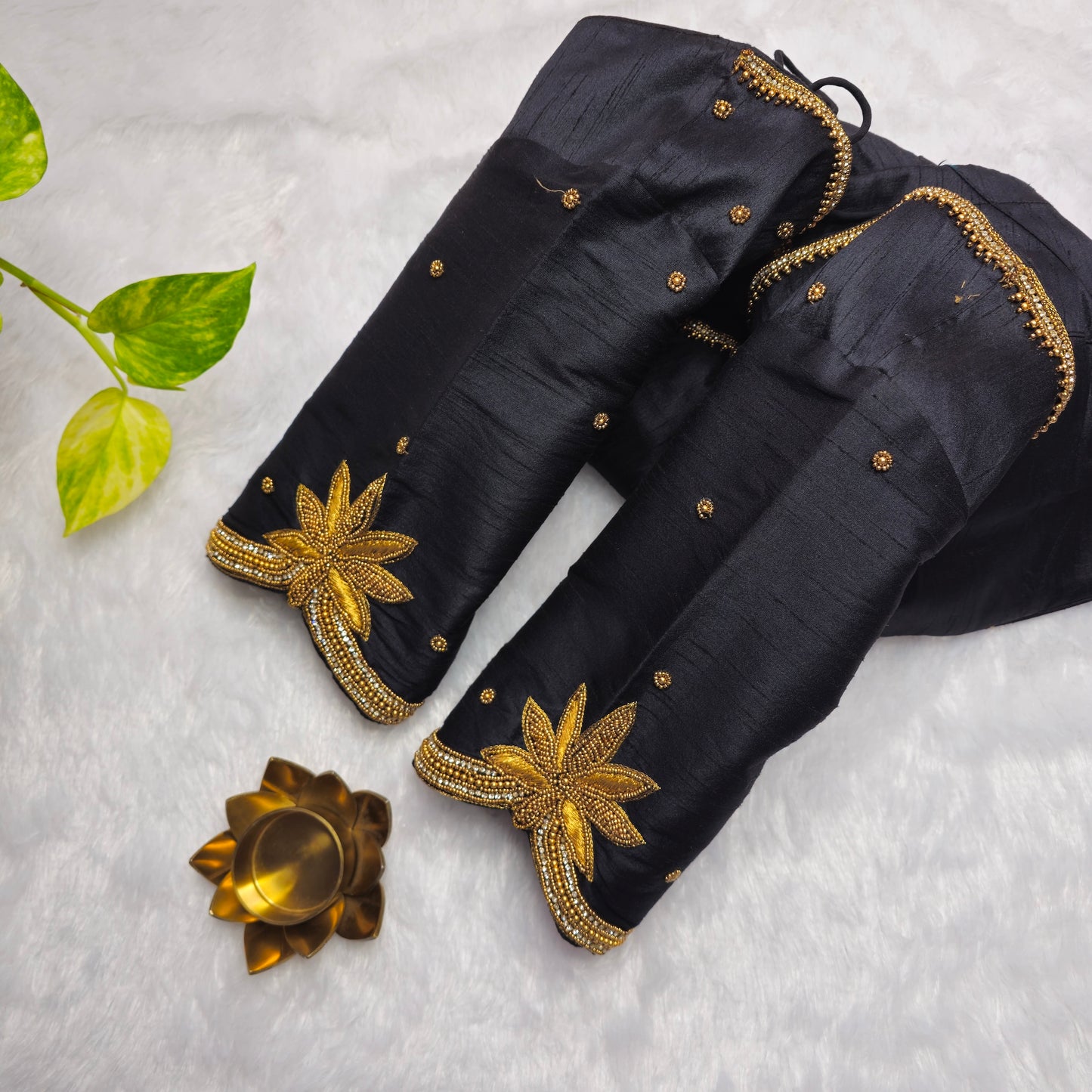 Black Raw Silk Arm Cuff Handwork Blouse
