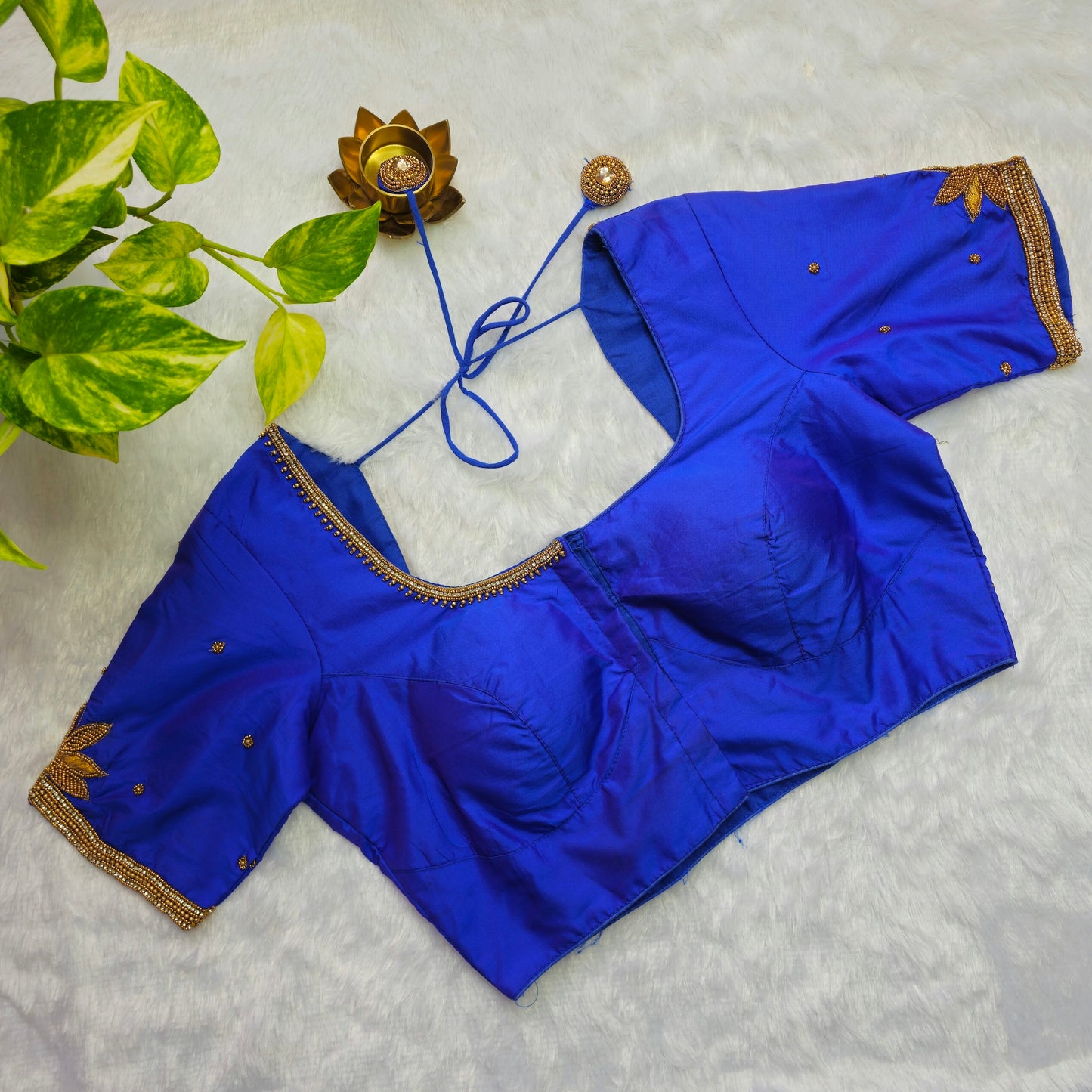 Blue Butter Silk Arm Cuff Handwork Blouse