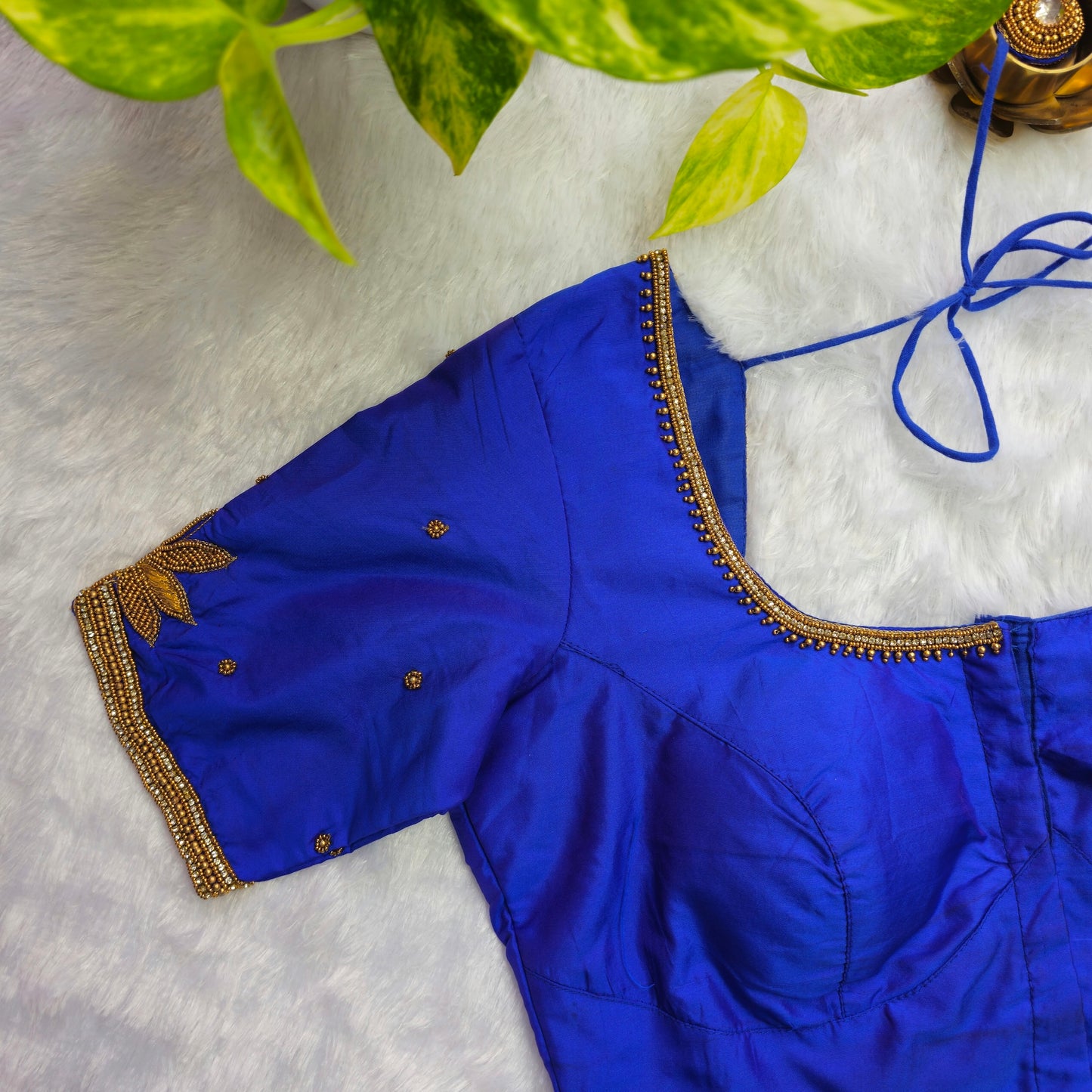 Blue Butter Silk Arm Cuff Handwork Blouse
