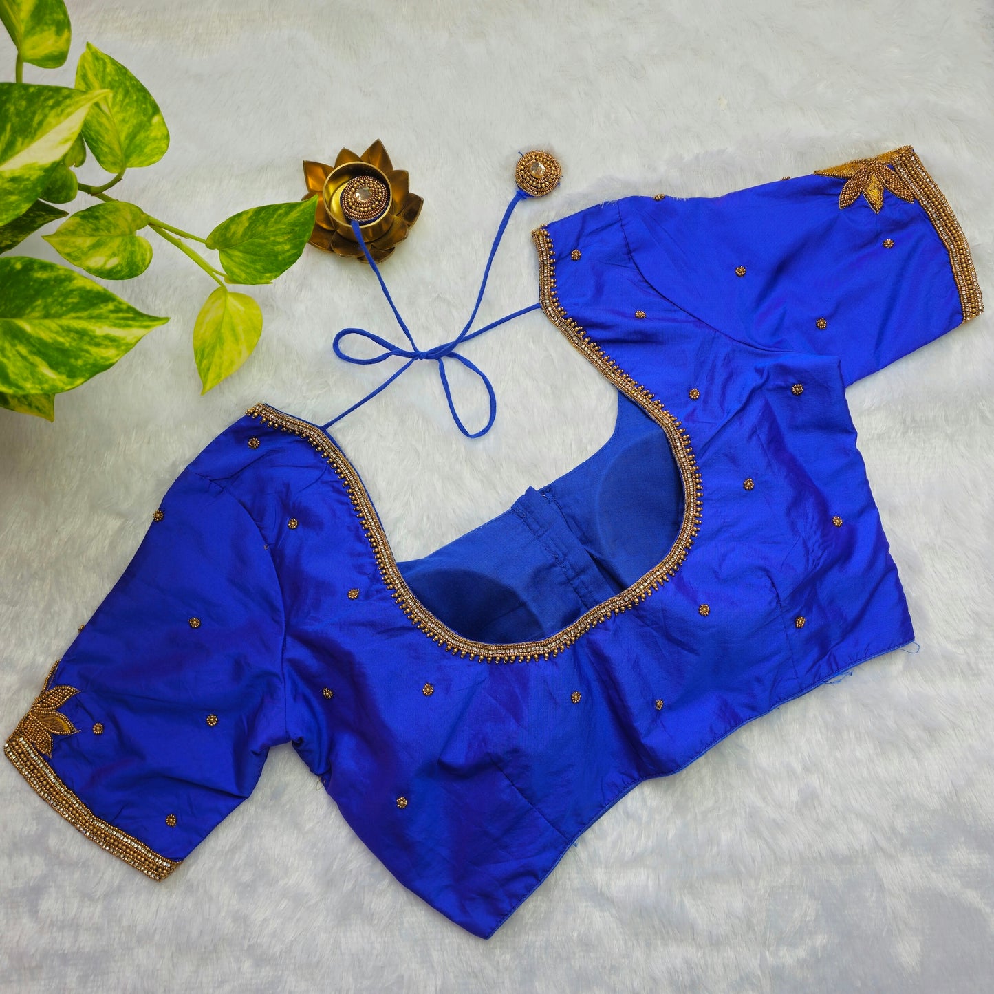Blue Butter Silk Arm Cuff Handwork Blouse