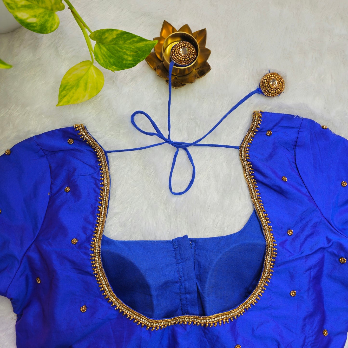 Blue Butter Silk Arm Cuff Handwork Blouse