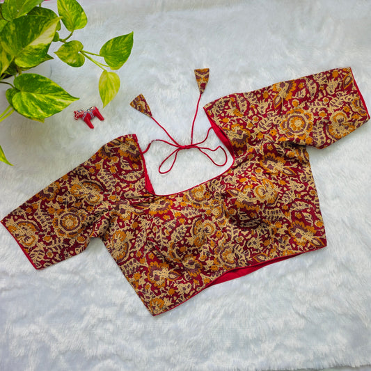 Red and yellow Cotton Kalamkari Blouse