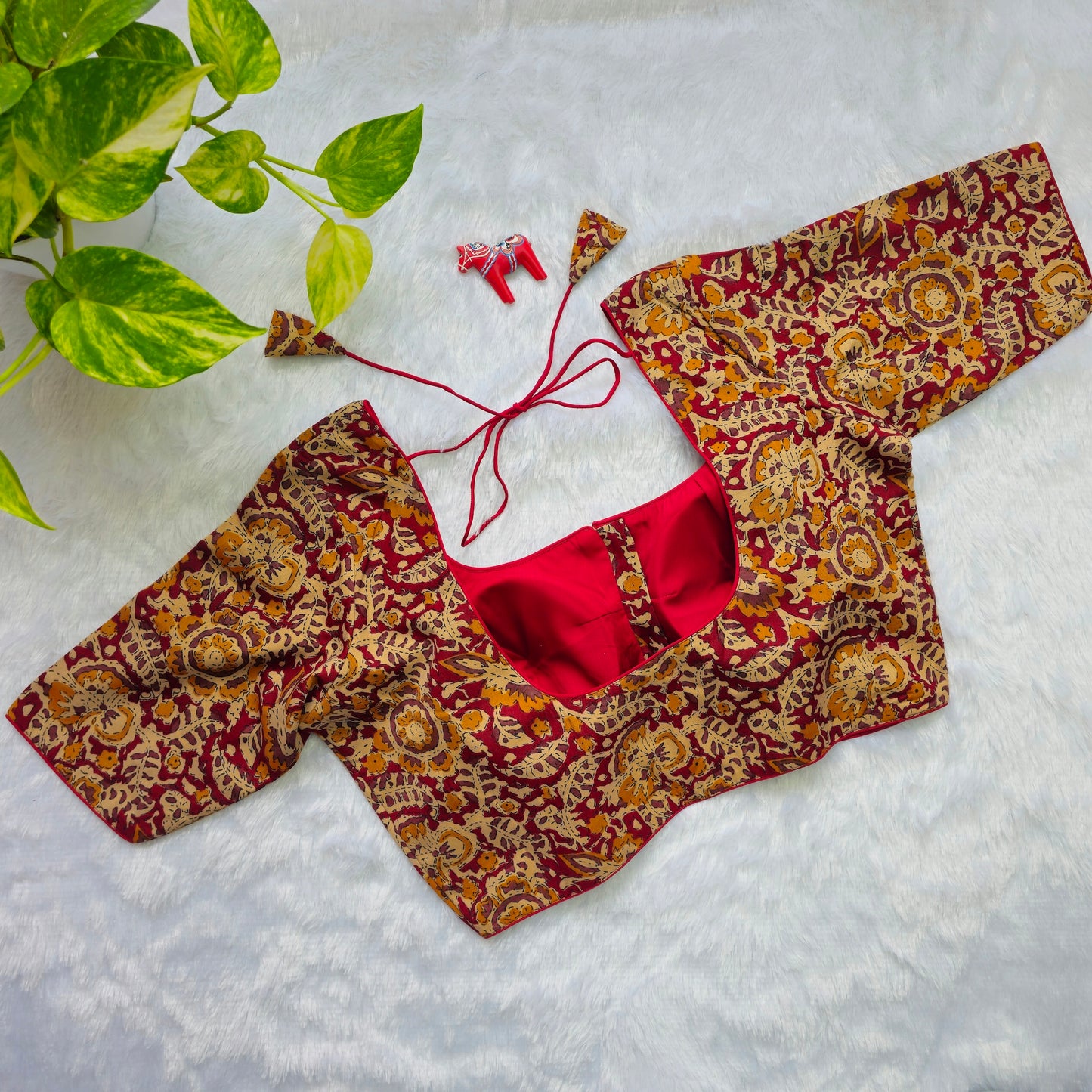 Red and yellow Cotton Kalamkari Blouse