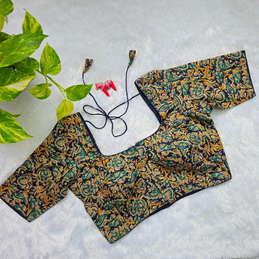Blue and yellow Cotton Kalamkari Blouse