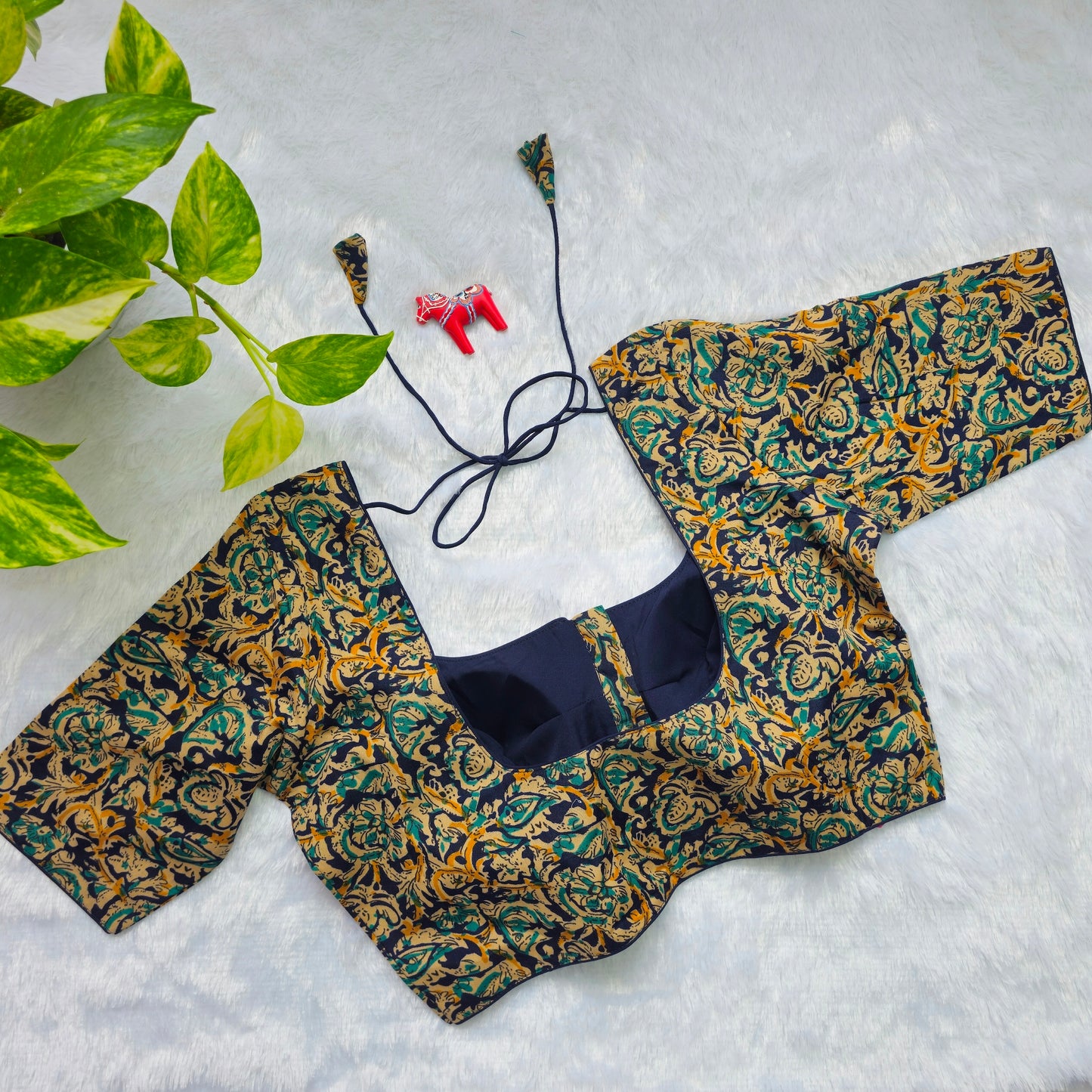 Blue and yellow Cotton Kalamkari Blouse