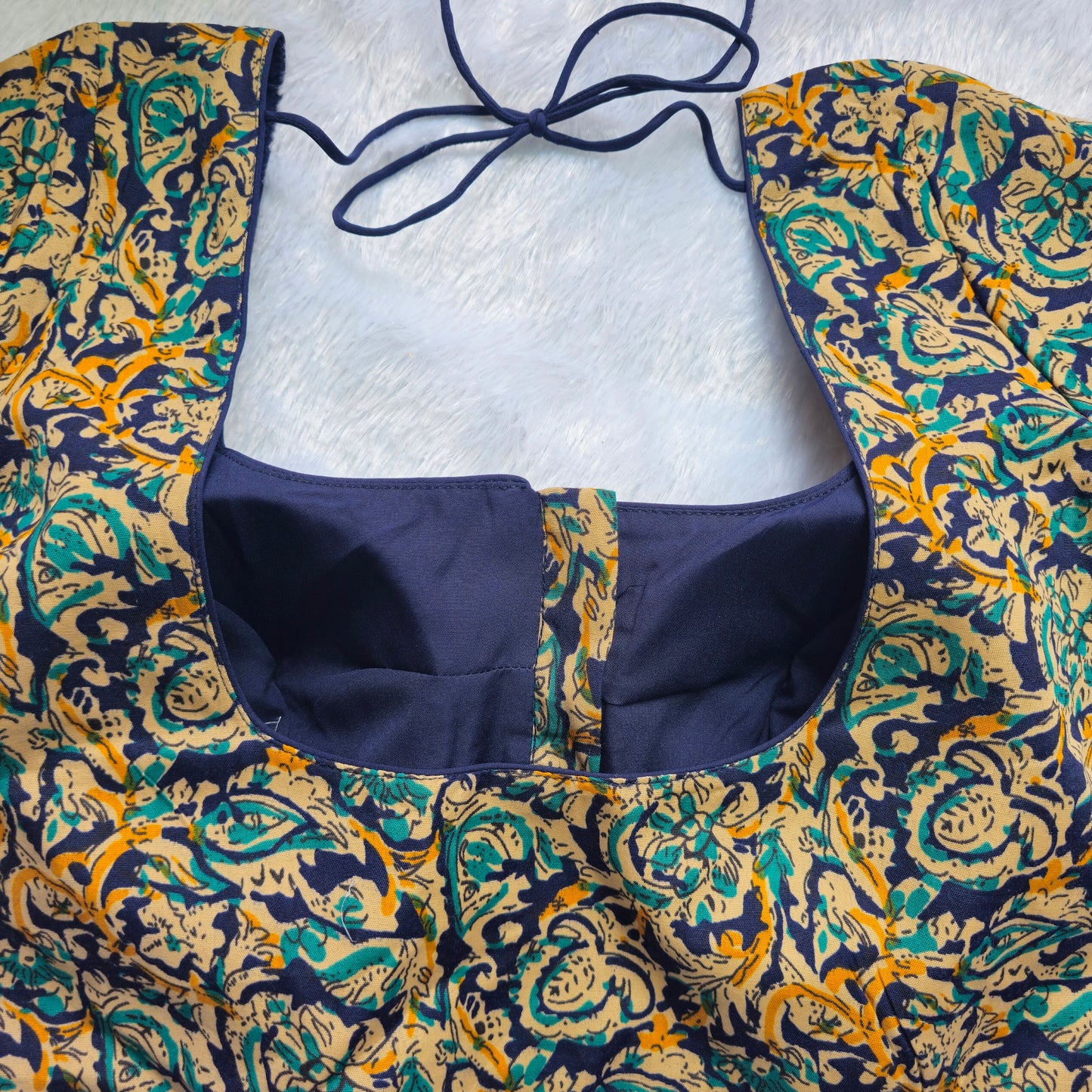 Blue and yellow Cotton Kalamkari Blouse