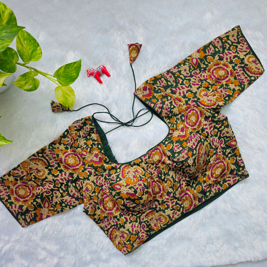 Green and yellow Cotton Kalamkari Blouse