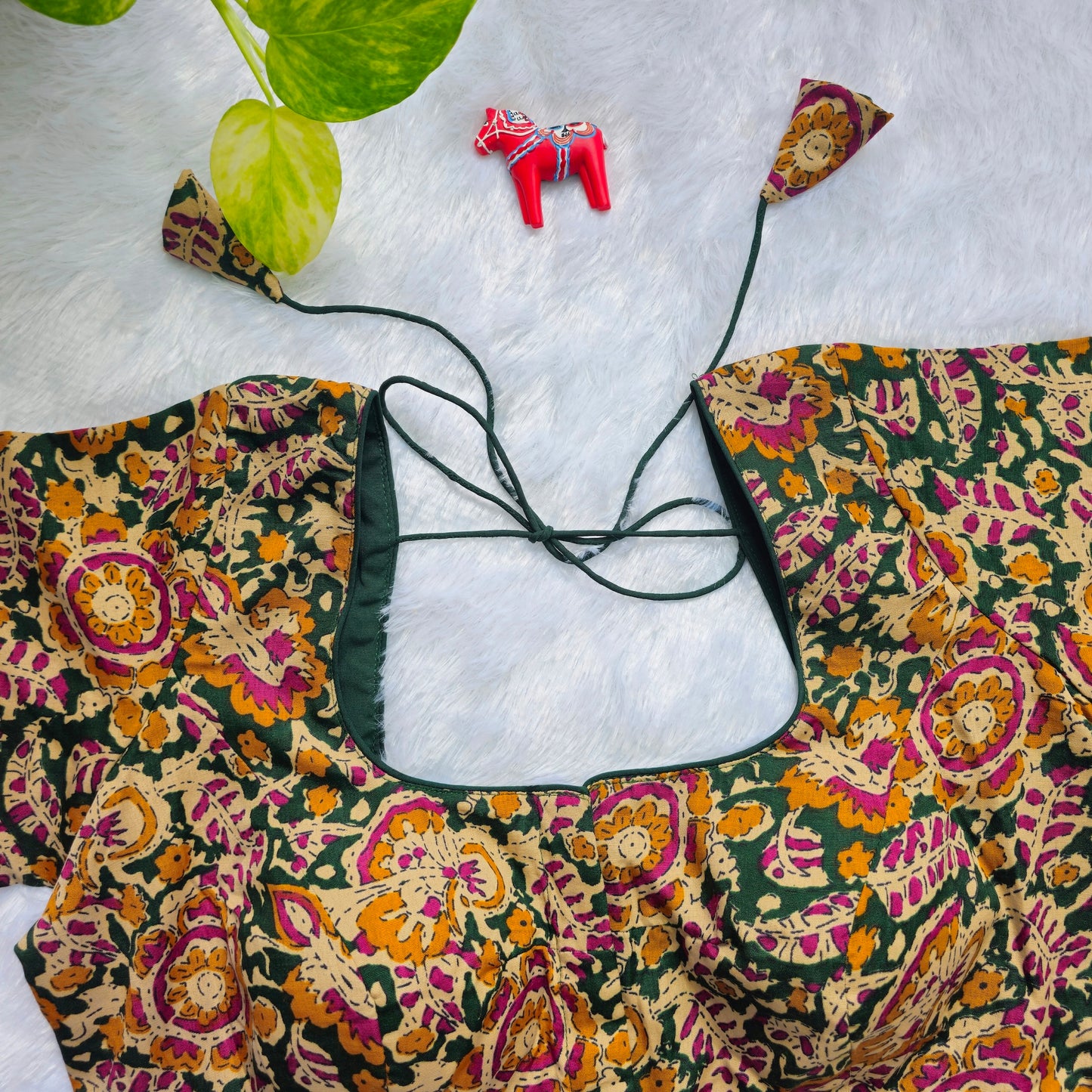 Green and yellow Cotton Kalamkari Blouse