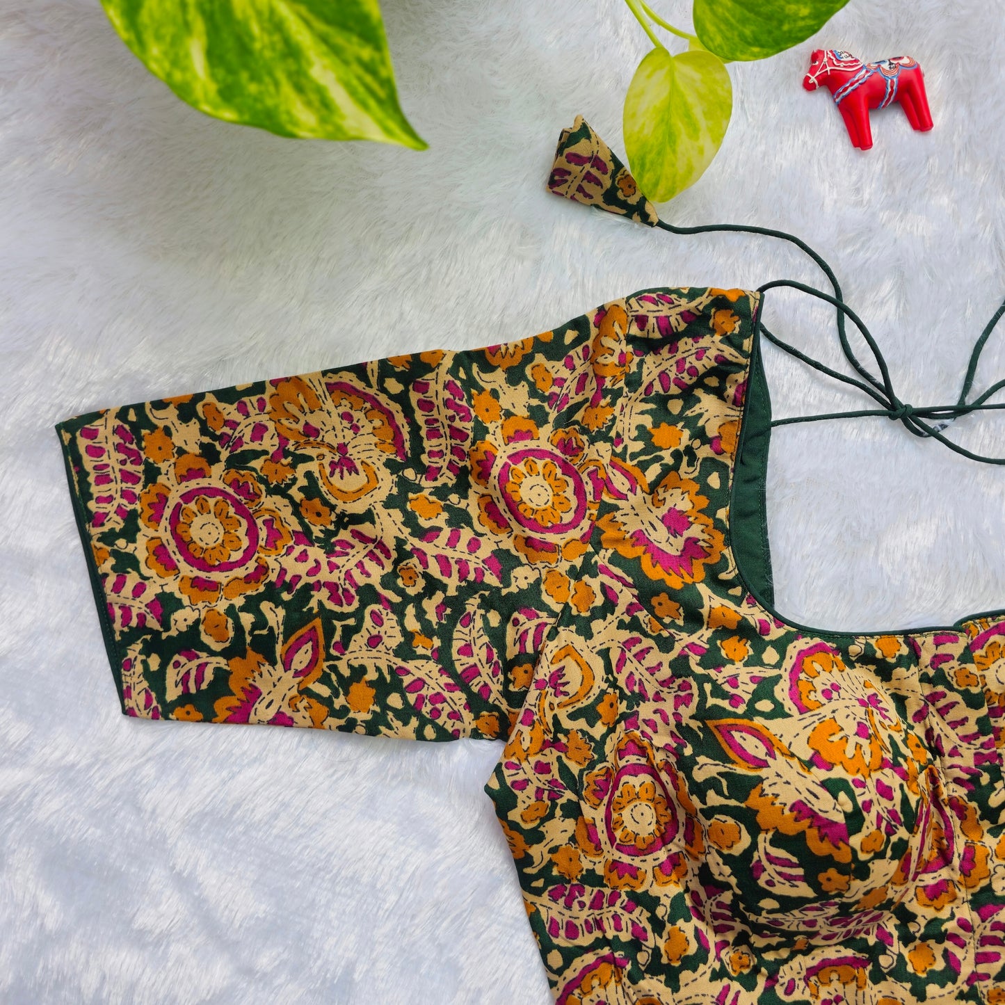 Green and yellow Cotton Kalamkari Blouse