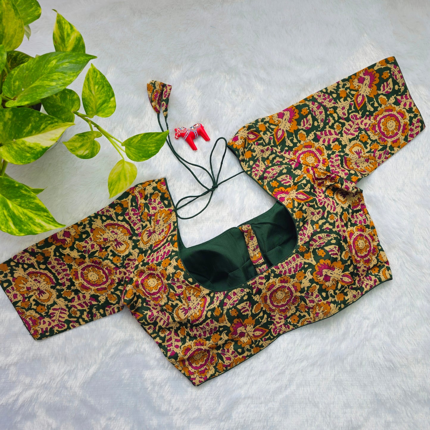 Green and yellow Cotton Kalamkari Blouse