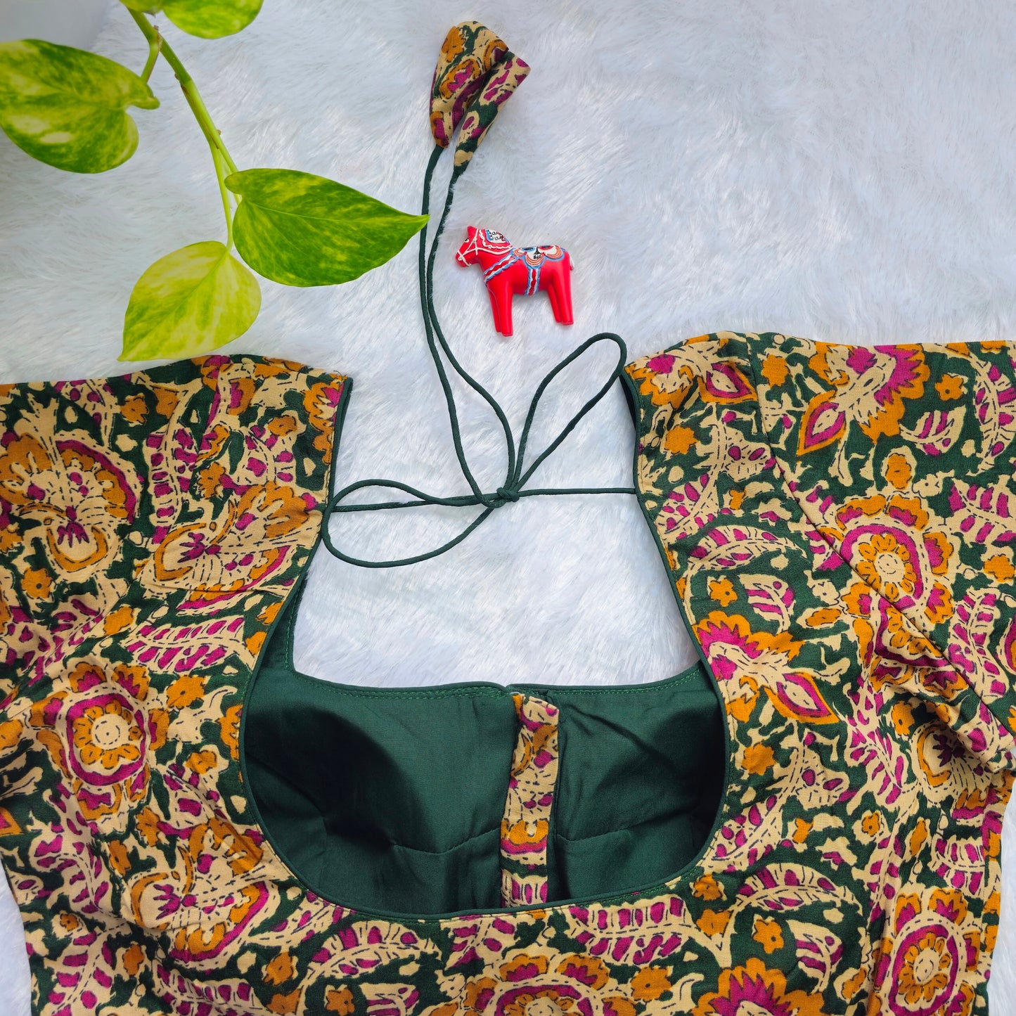 Green and yellow Cotton Kalamkari Blouse