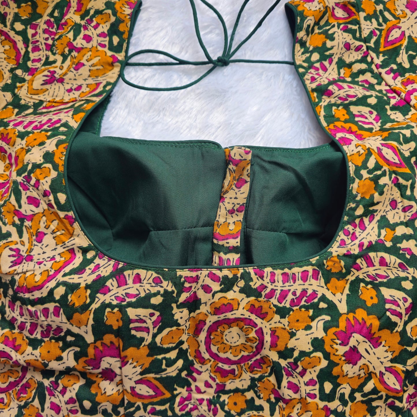Green and yellow Cotton Kalamkari Blouse