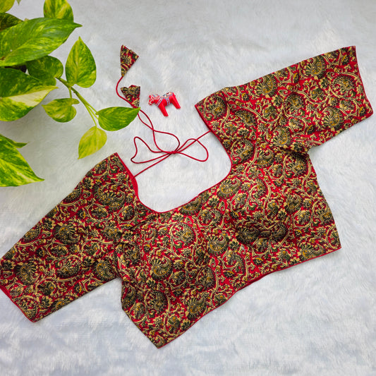 Red and Green Cotton Kalamkari Blouse