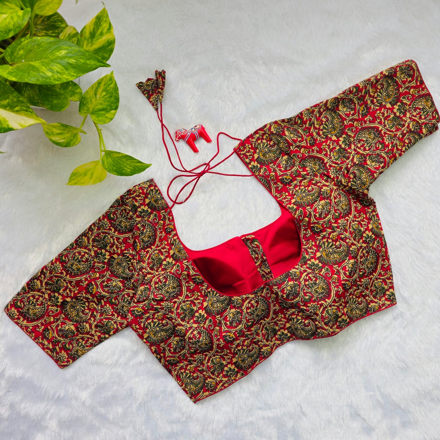 Red and Green Cotton Kalamkari Blouse