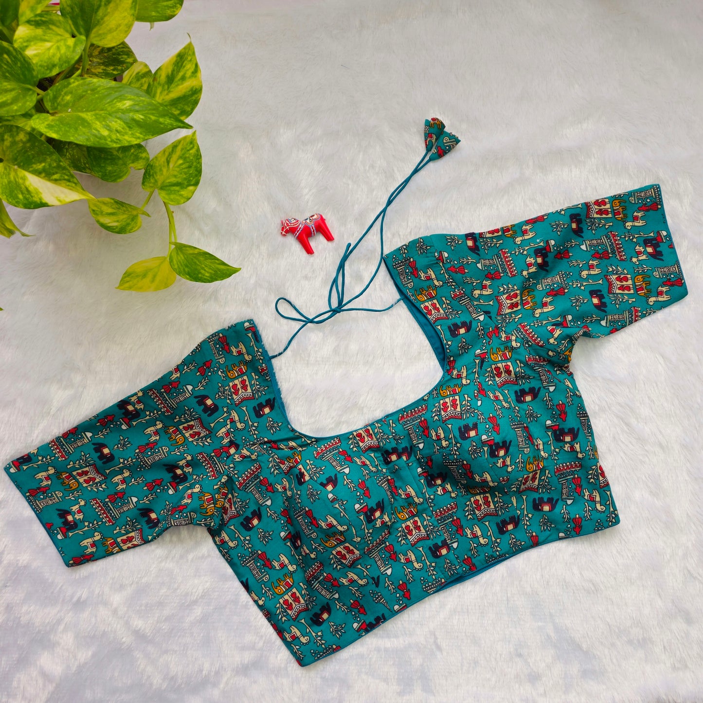 Turquoise Cotton Kalamkari Blouse