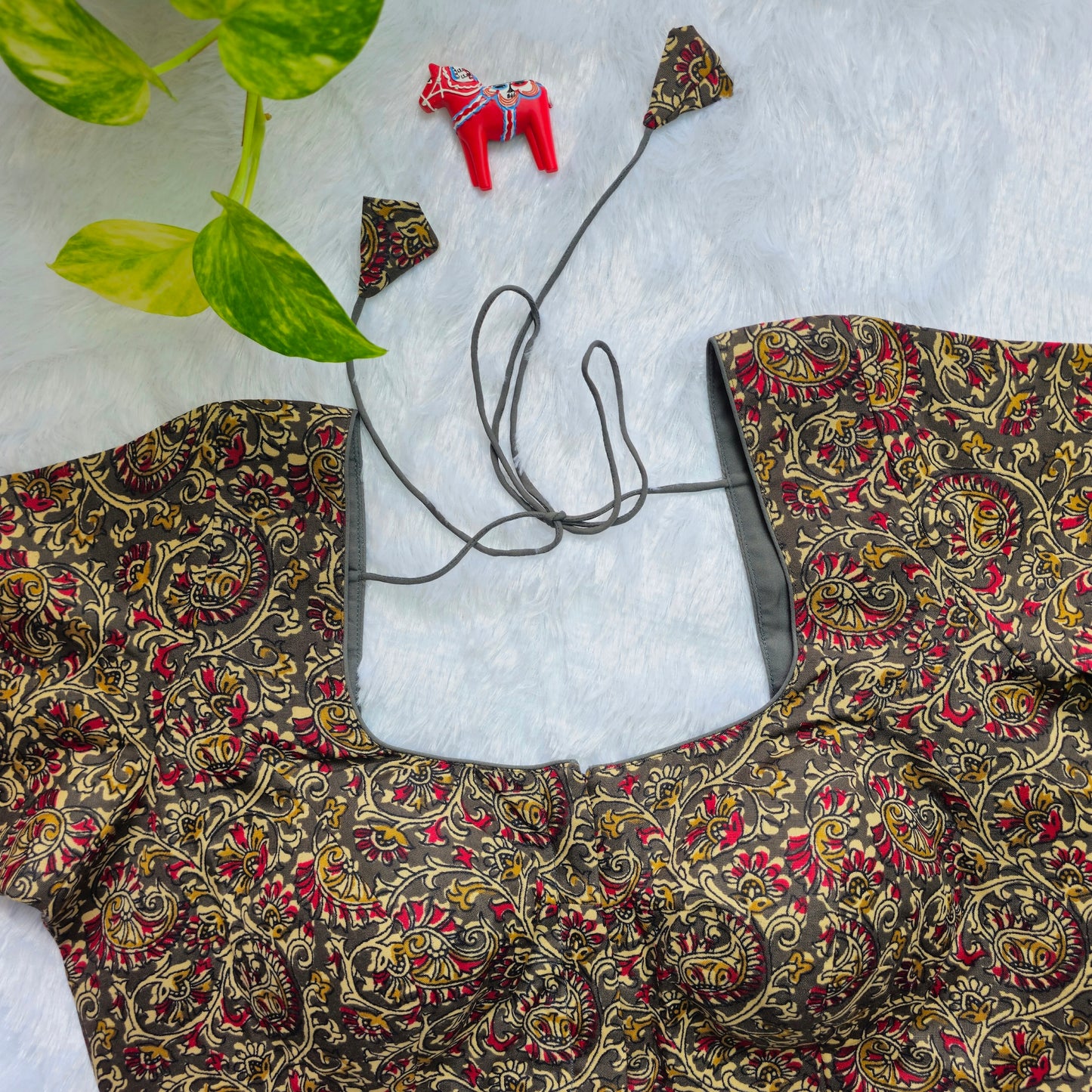 Grey and Red Cotton Kalamkari Blouse