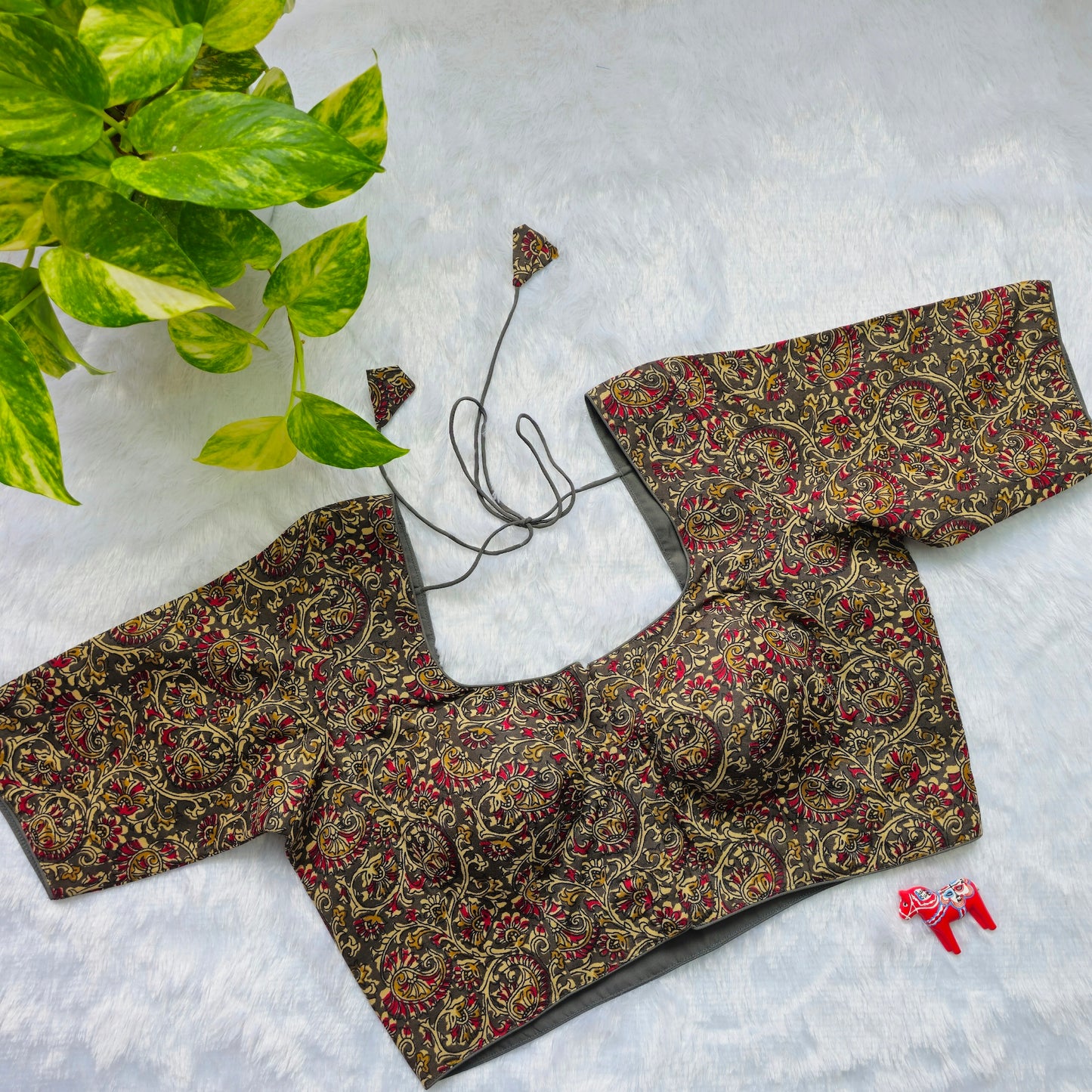 Grey and Red Cotton Kalamkari Blouse