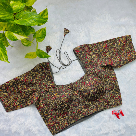 Grey and Red Cotton Kalamkari Blouse