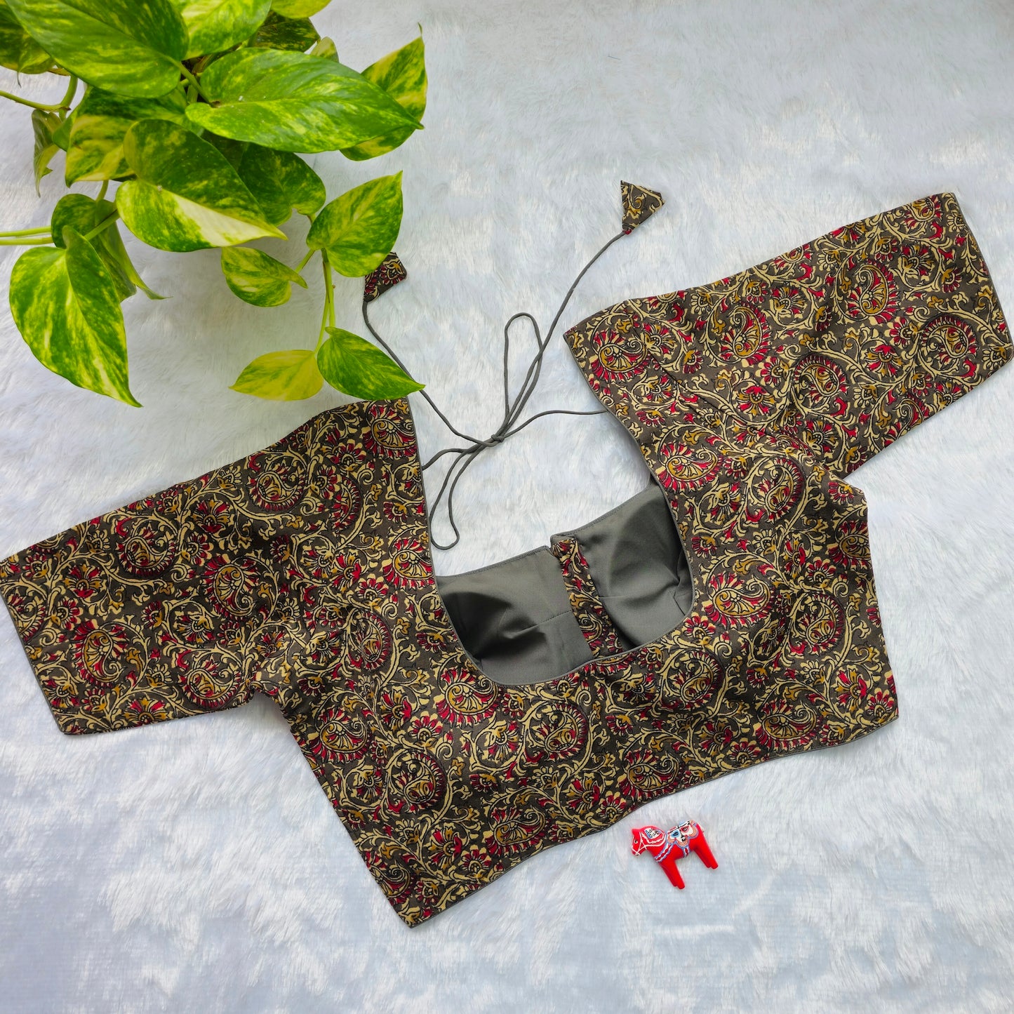 Grey and Red Cotton Kalamkari Blouse