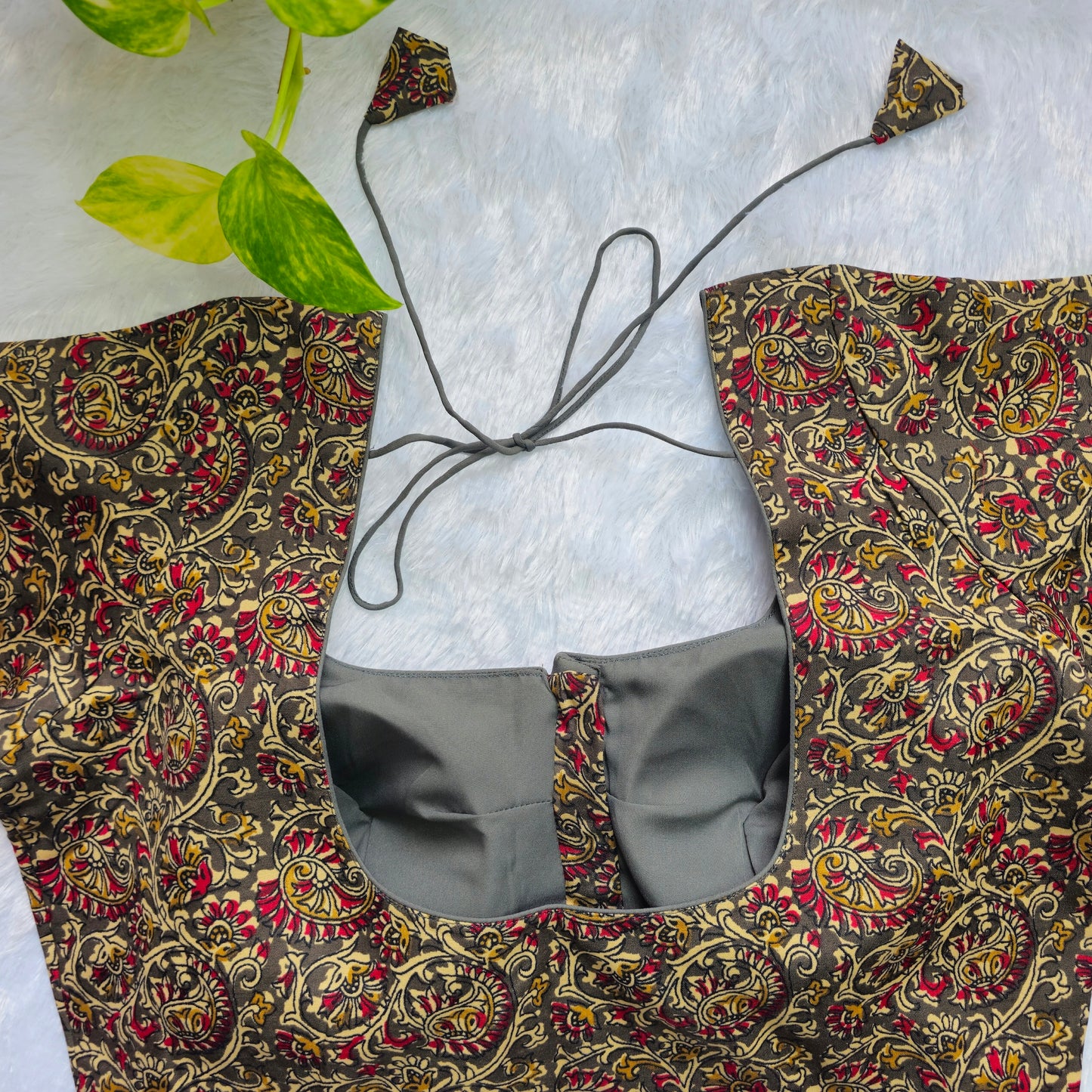 Grey and Red Cotton Kalamkari Blouse